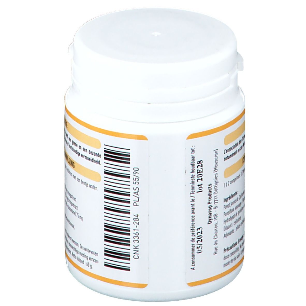 Witte tablettenpot met geel etiket. Barcode, lotnummer en vervaldatum. Tekst: CNK-3361-284 PL/AS 55/90.