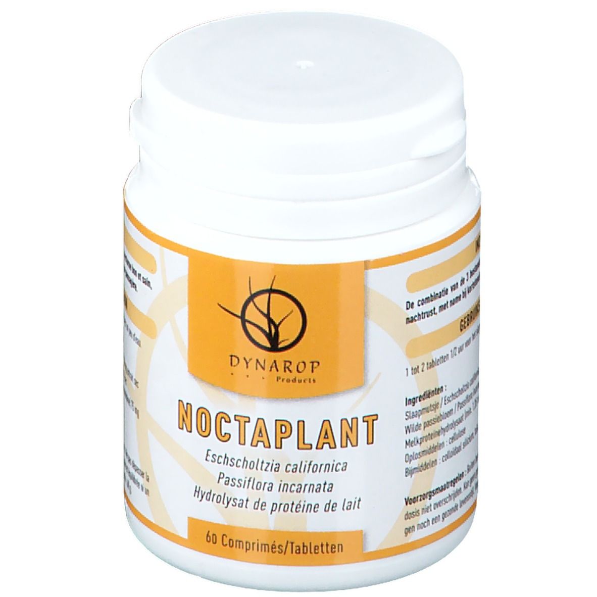 Witte tablettenpot met geel etiket. Opschrift: Dynarop Noctaplant. Bevat 60 tabletten. Ingrediënten: Eschscholzia californica, Passiflora incarnata.