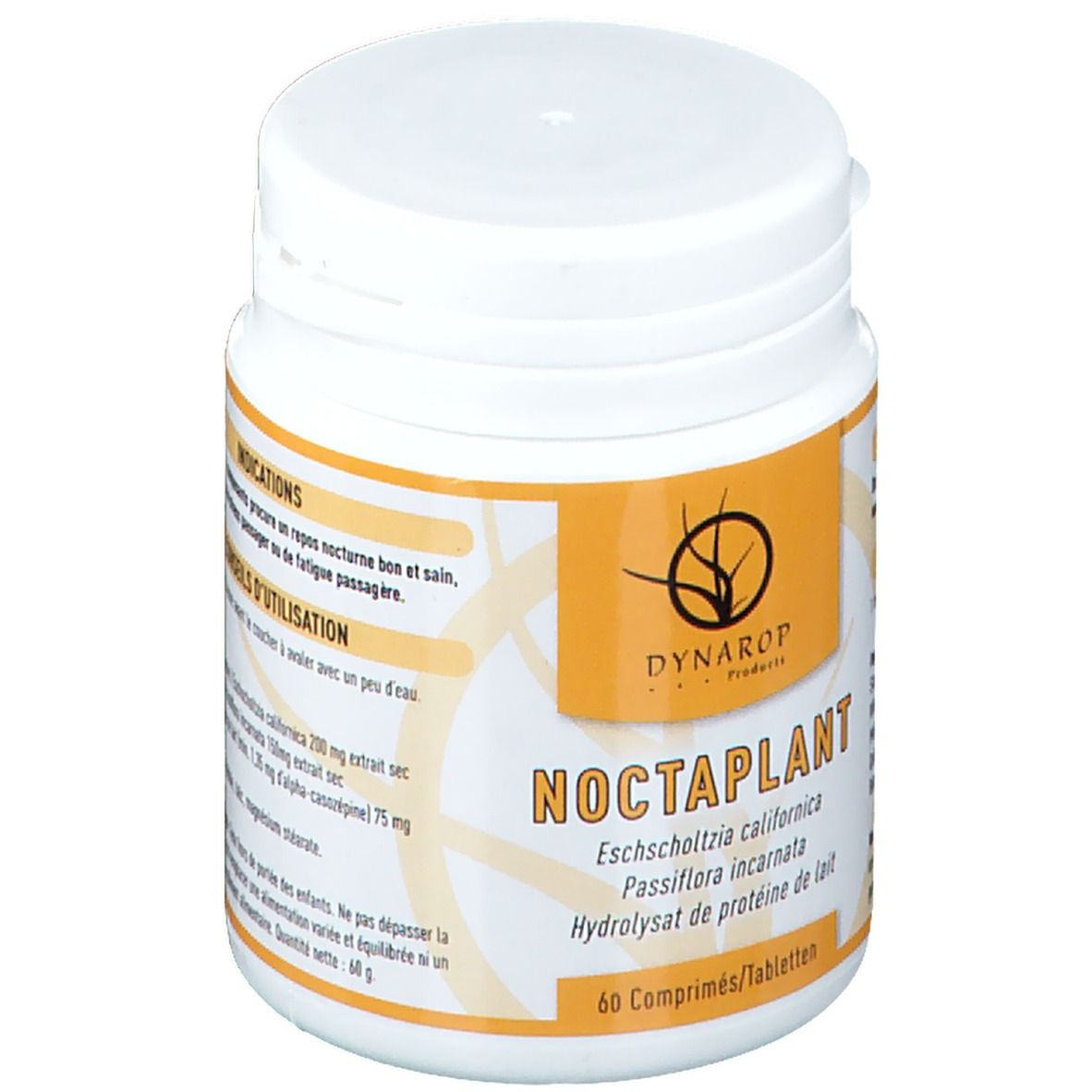 Witte tablettenpot met geel etiket. Opschrift: Dynarop Noctaplant. Bevat 60 tabletten. Ingrediënten: Eschscholzia californica, Passiflora incarnata.