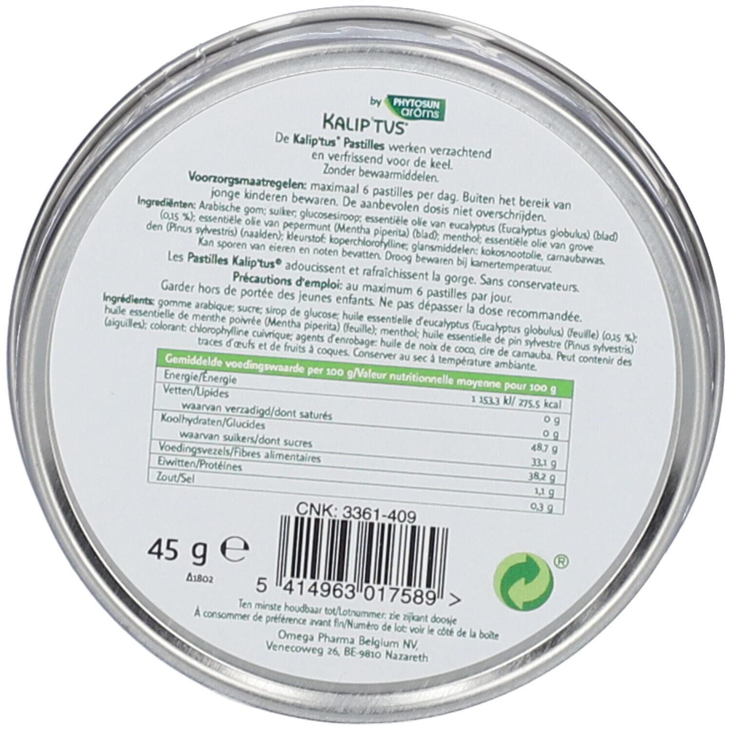 Fond de boîte rond avec informations produit et valeurs nutritionnelles. Texte multilingue. Symboles de recyclage verts.