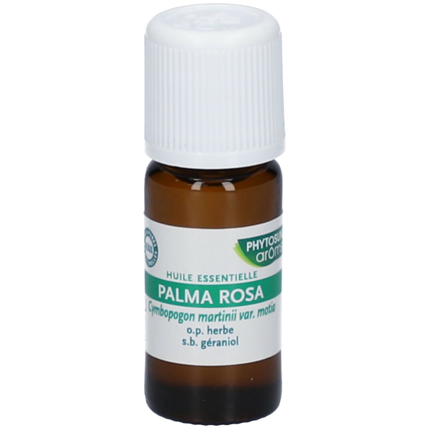 Bruine glazen fles met witte dop. Groen etiket: Huile essentielle Palma Rosa. Certificering.