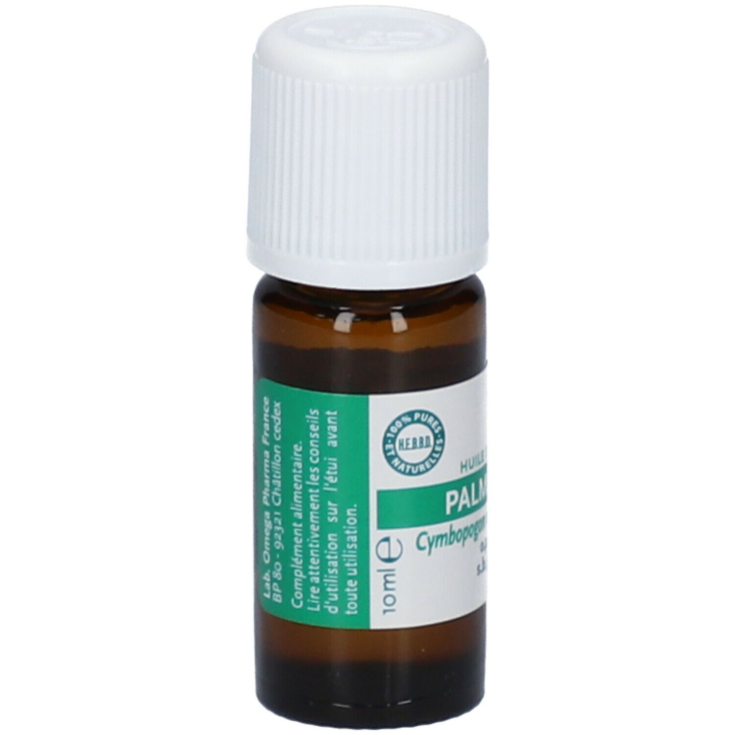 Bruine fles met witte dop. Groen etiket: Palma Rosa, 10 ml. 100% pure, natuurlijke ingrediënten.