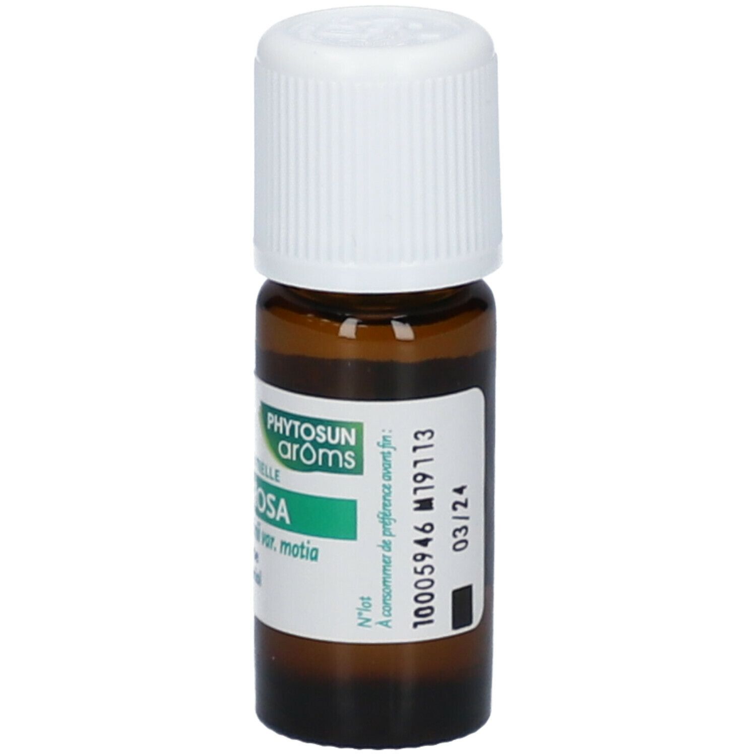 Bruine fles met witte dop. Etiket met productnaam Palma Rosa en vervaldatum 03/24. Merk Phytosun.