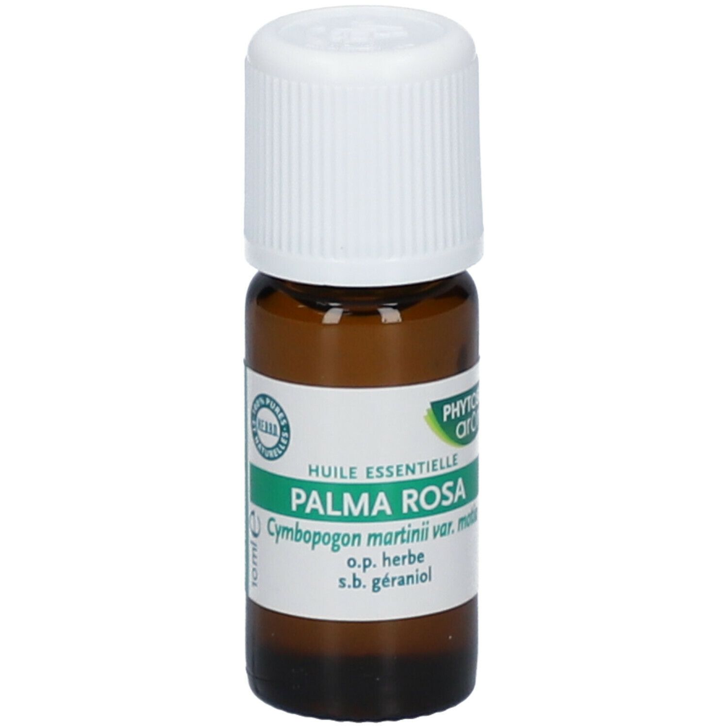 Bruine fles met witte dop. Etiket met productnaam Palma Rosa en merk Phytosun aroms. Certificering.