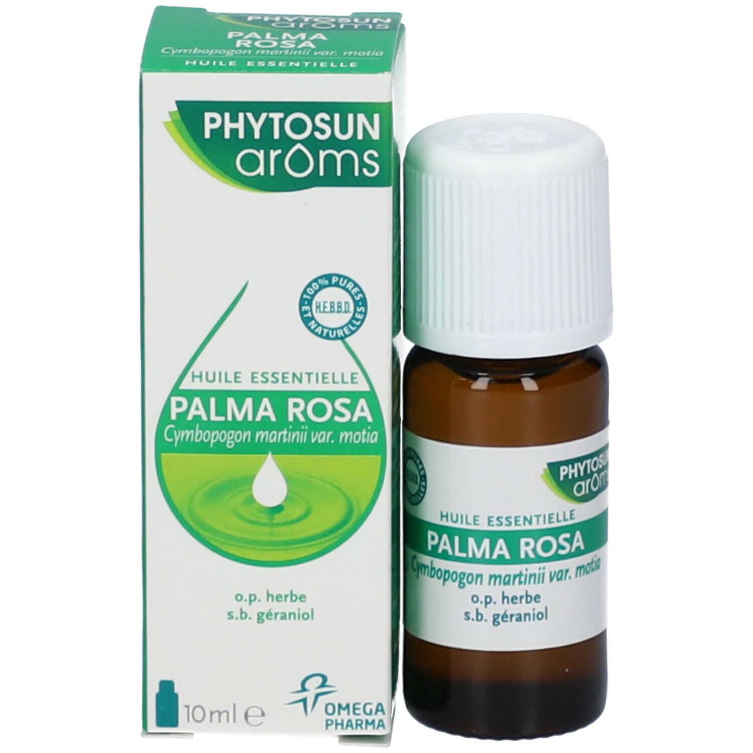 Bruine fles en verpakking. Verpakking met productnaam Palma Rosa en merk Phytosun aroms. 10 ml.