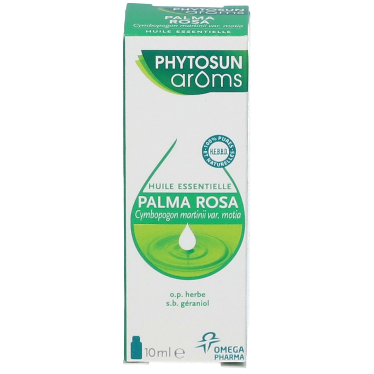 Verpakking met productnaam Palma Rosa en merk Phytosun aroms. 10 ml. Druppelillustratie. Certificering.