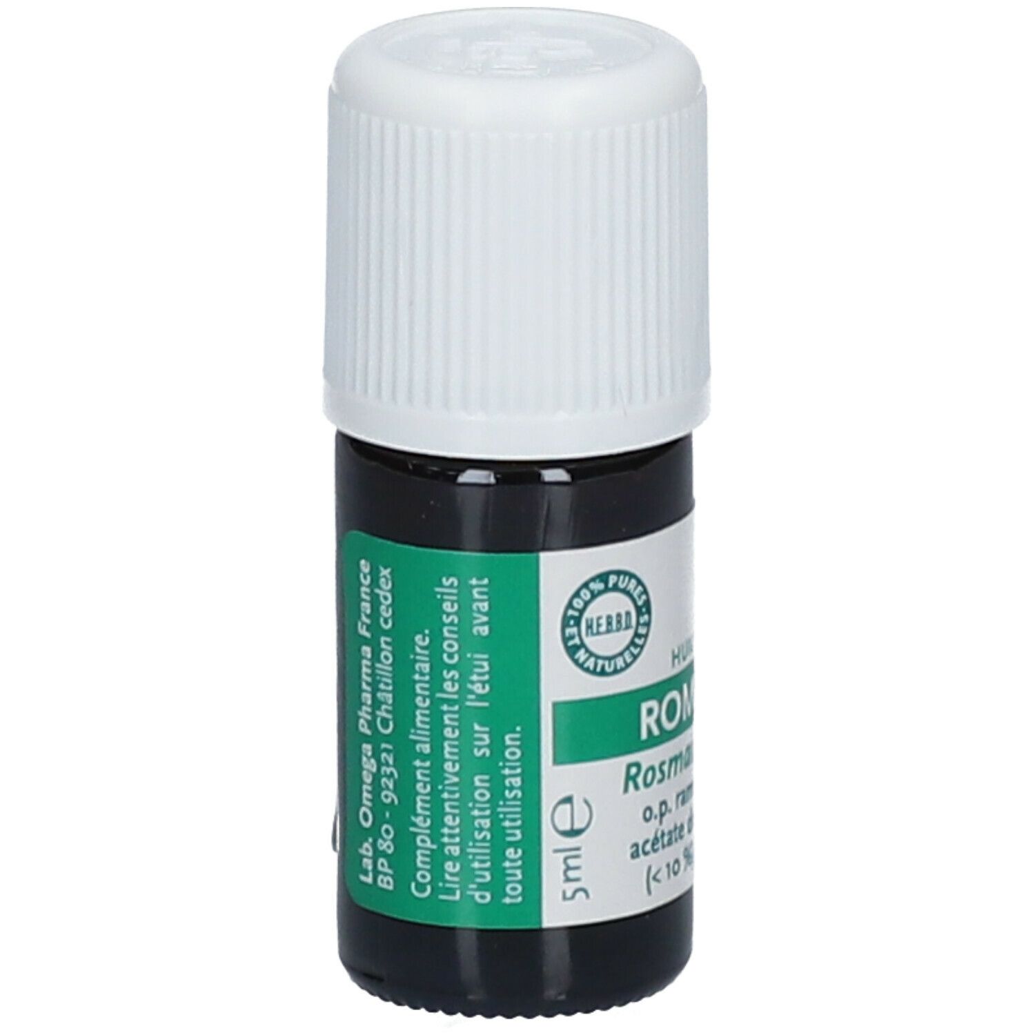 Petit flacon en verre brun avec bouchon blanc. Étiquette verte avec informations produit. 5ml.