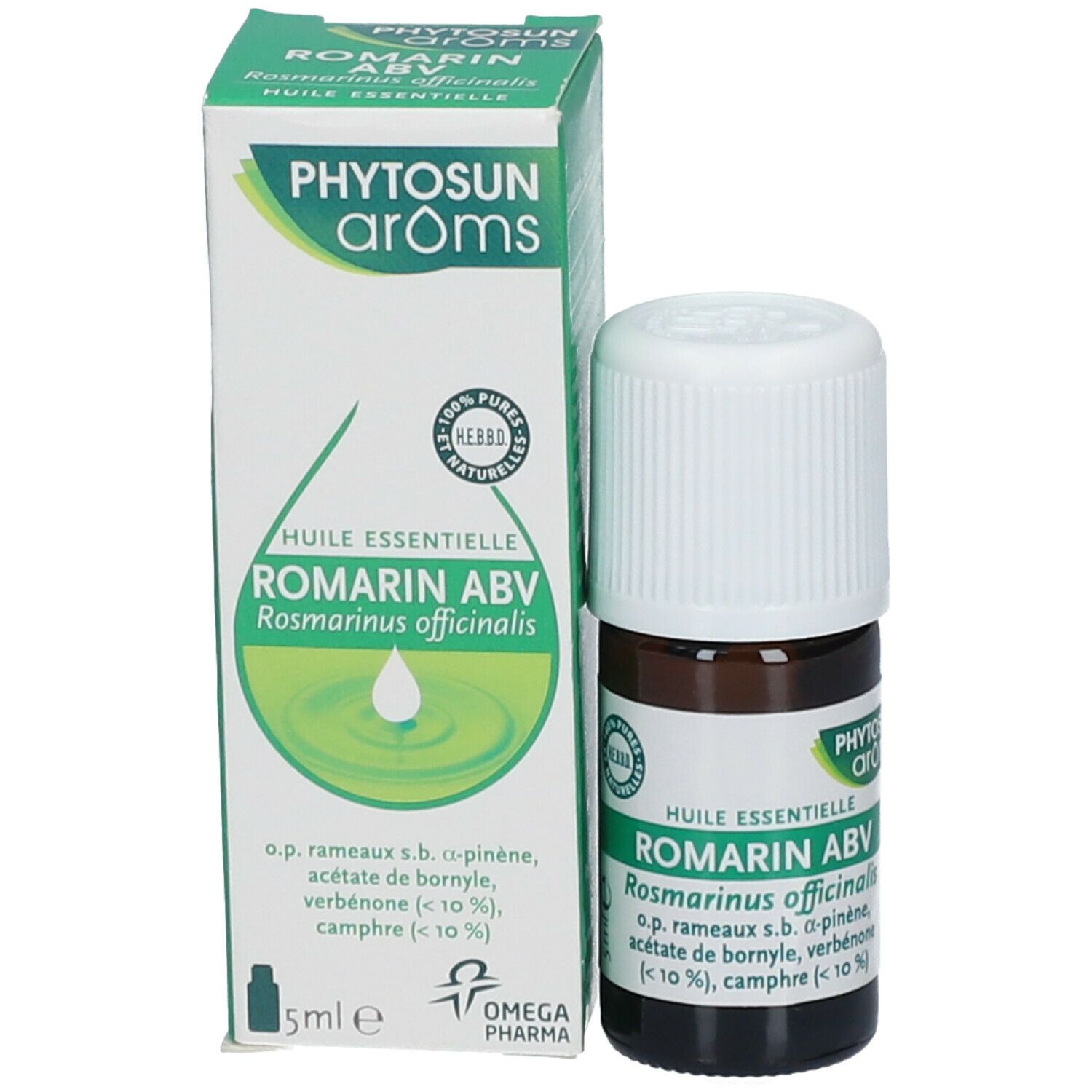 Flacon et emballage du produit. Flacon brun avec bouchon blanc. Emballage vert avec nom du produit.