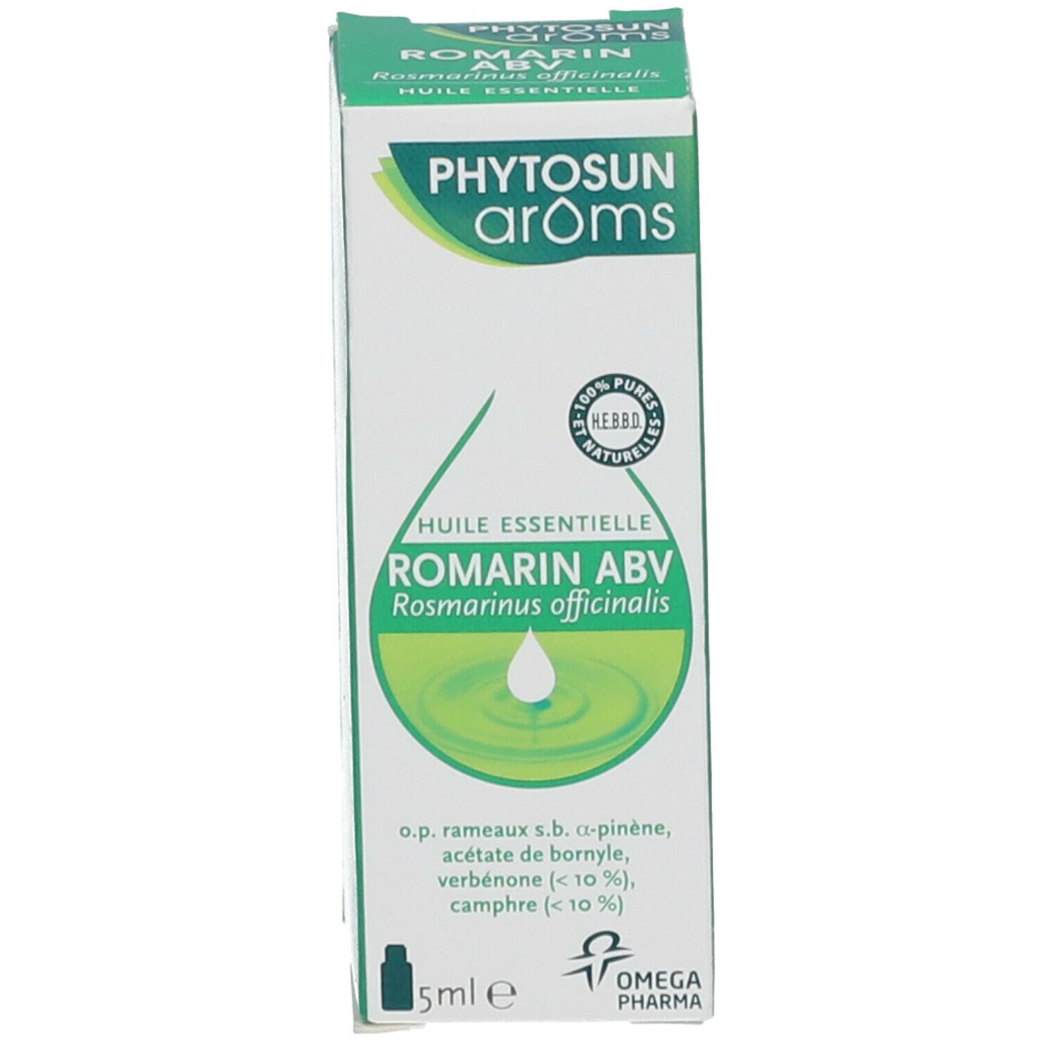 Emballage vert du produit. Nom du produit et ingrédients. 5ml. Omega Pharma.