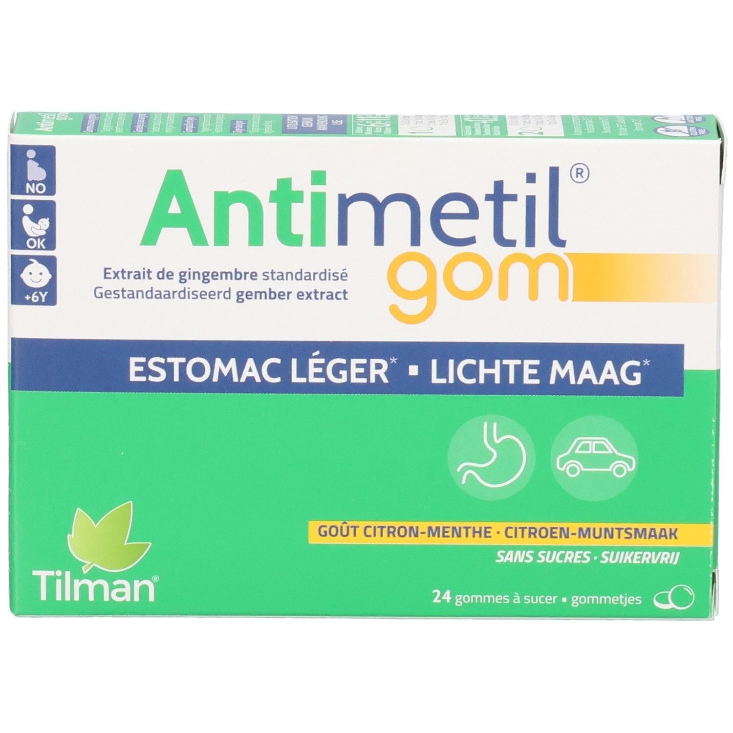 Schachtel Antimetil® gom. Grün-weiß. Text: Estomac léger, Lichte Maag. 24 Gummis. Ingwer-Geschmack. Marke Tilman.