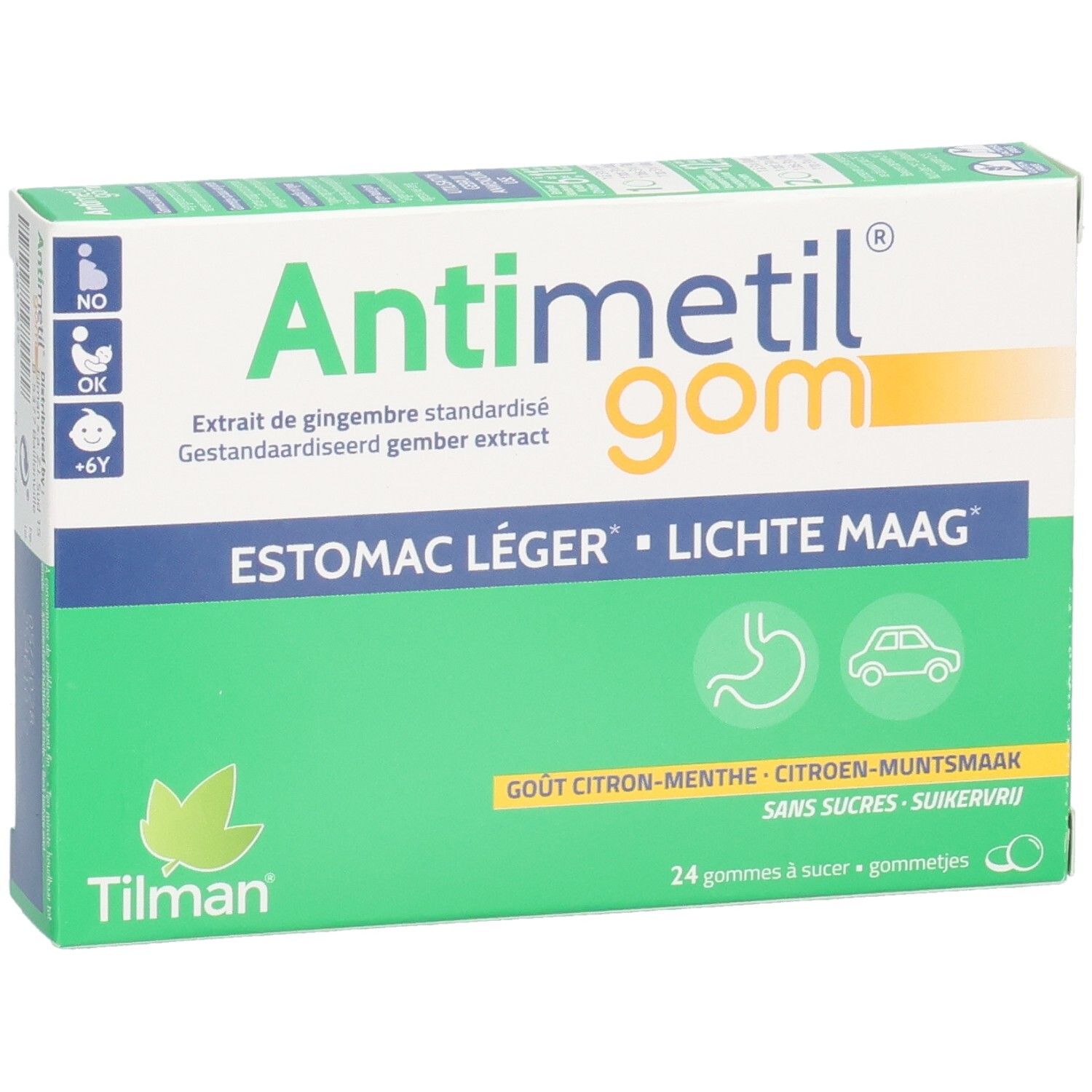 Schachtel Antimetil® gom. Grün-weiß. Text: Estomac léger, Lichte Maag. 24 Gummis. Ingwer-Geschmack. Marke Tilman.