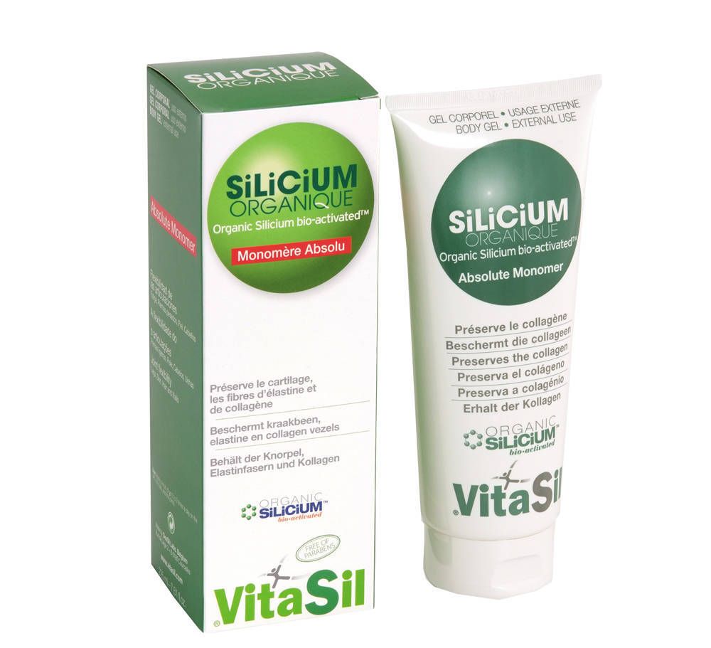 Produktverpackung und Tube von Vitasil Silicium Organique. Beide weiß mit grünen Akzenten und Text. Aufschrift: Silicium Organique.