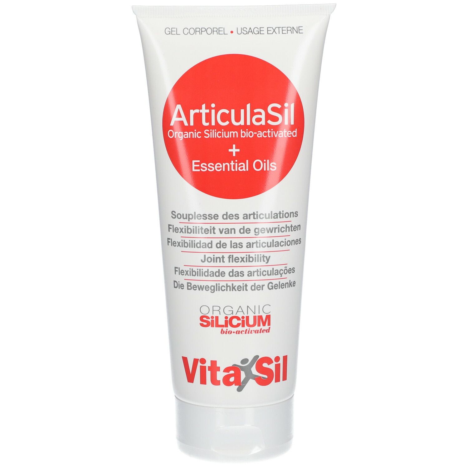 Tube ArticulaSil. Inscription: Organic Silicium bio-activated + Essential Oils. Logo VitaSil.