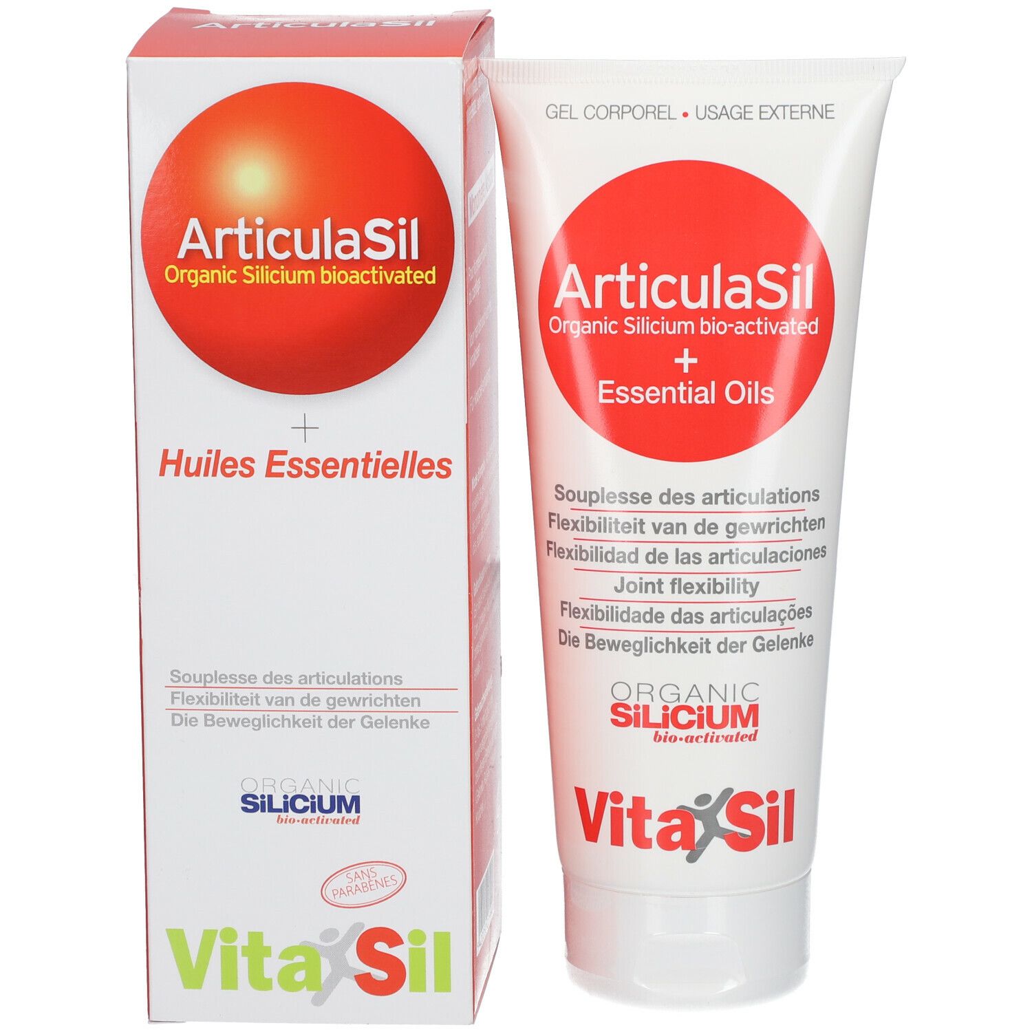 Boîte et tube ArticulaSil. Inscription: Organic Silicium bio-activated + Huiles Essentielles. Logo VitaSil.