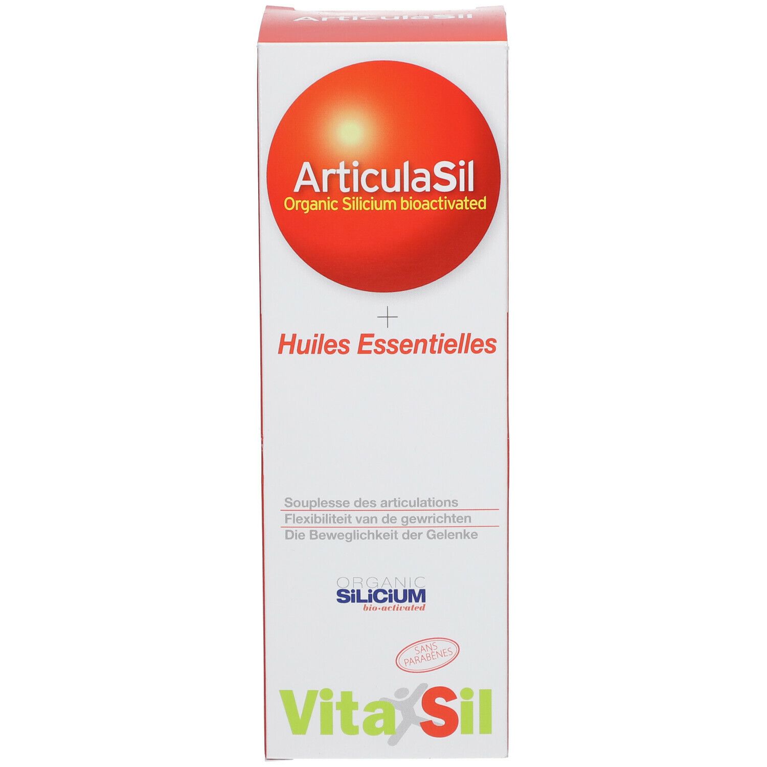Boîte ArticulaSil. Inscription: Organic Silicium bio-activated + Huiles Essentielles. Logo VitaSil.