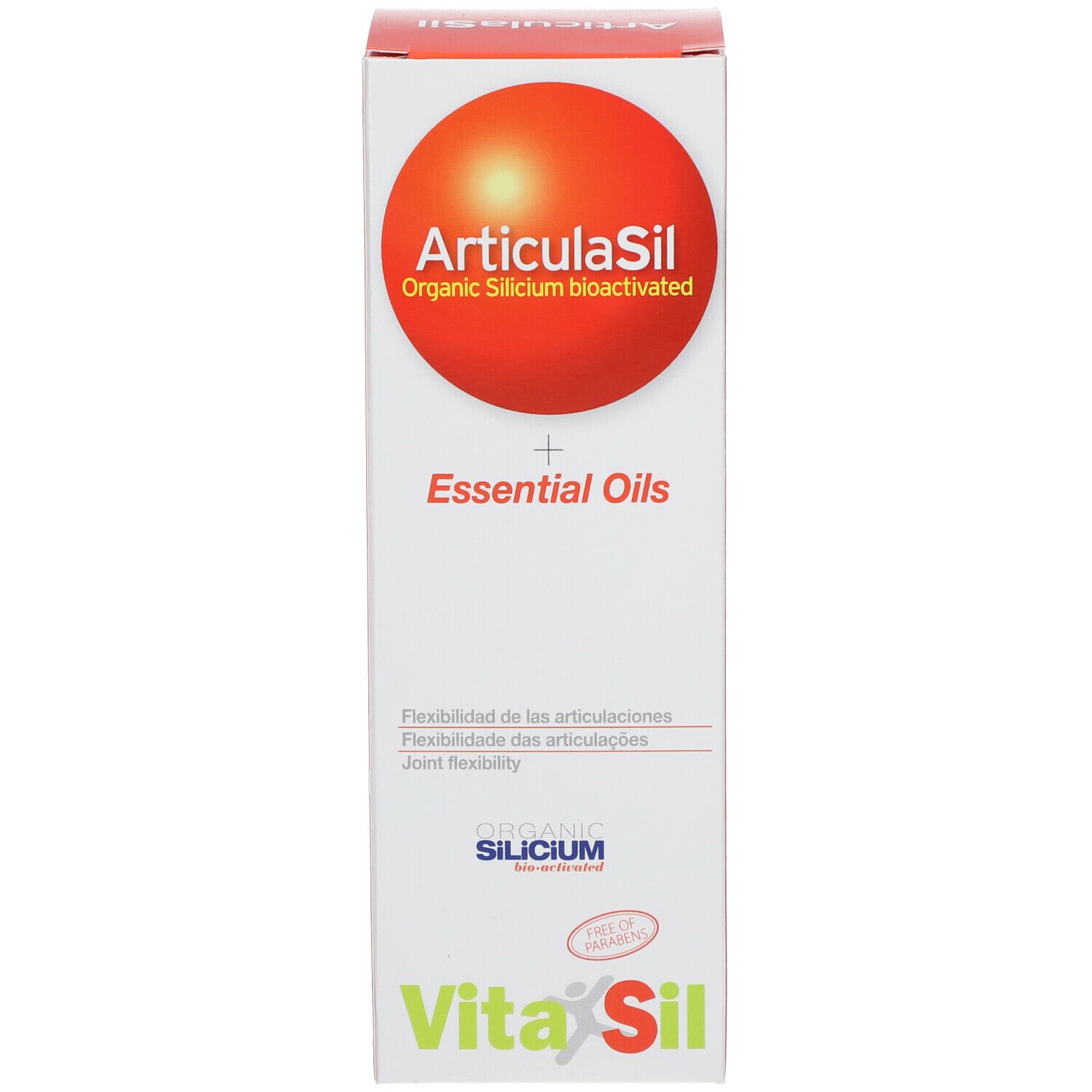 Boîte ArticulaSil. Inscription: Organic Silicium bio-activated + Essential Oils. Logo VitaSil.