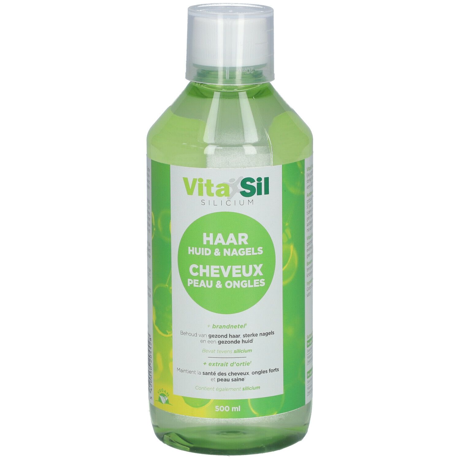 Vita Sil Flasche. Grünliche Flüssigkeit. Aufschrift: Haar, Haut & Nägel. Organisches Silizium.