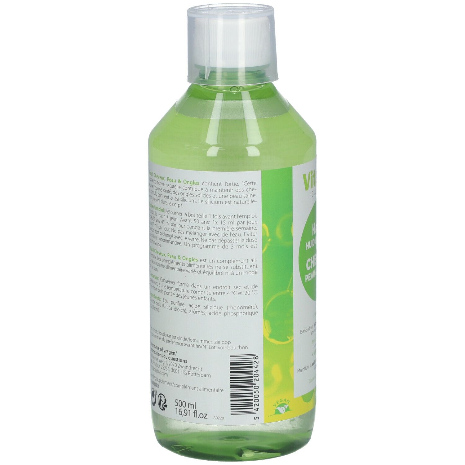 Vita Sil Flasche. Grünliche Flüssigkeit. Aufschrift: Haar, Haut & Nägel. Organisches Silizium.