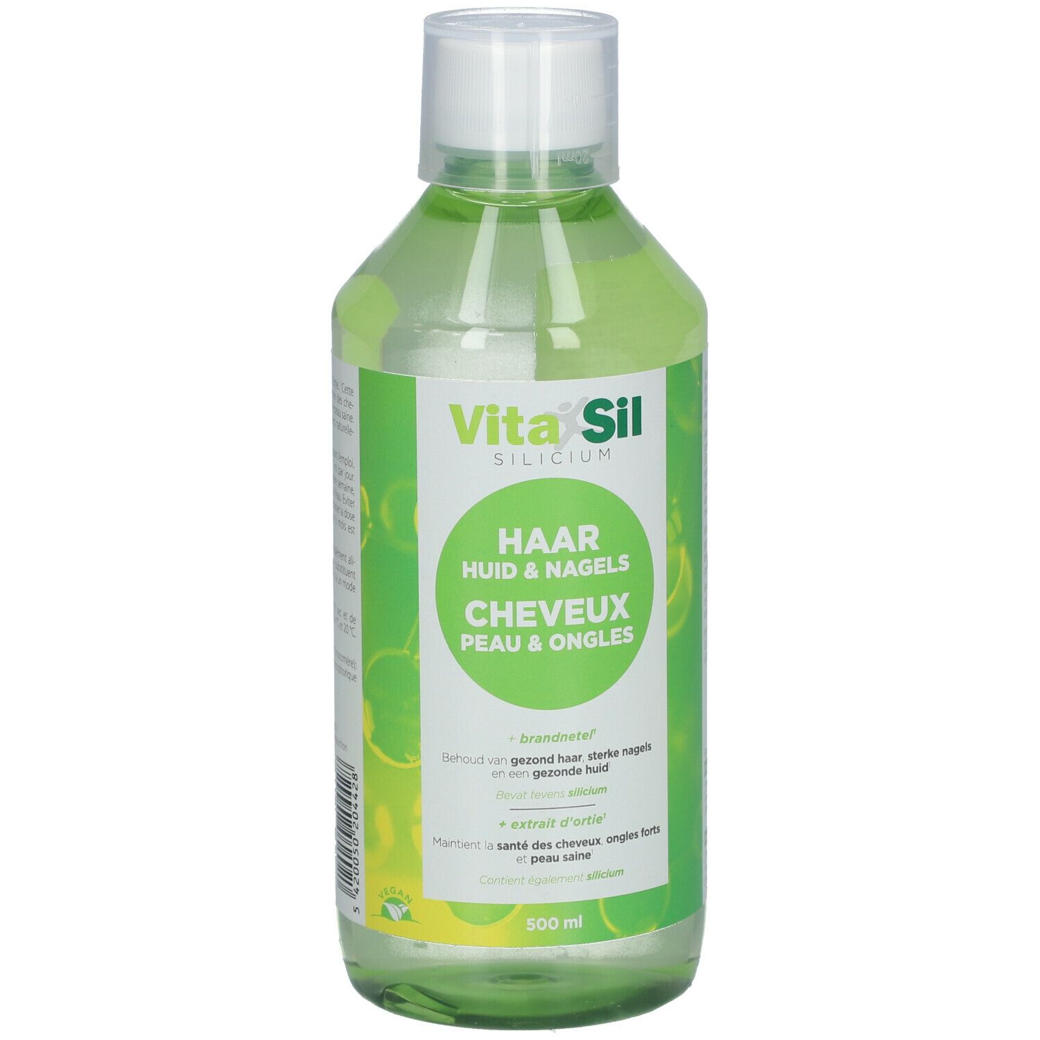 Vita Sil Flasche. Grünliche Flüssigkeit. Aufschrift: Haar, Haut & Nägel. Organisches Silizium.
