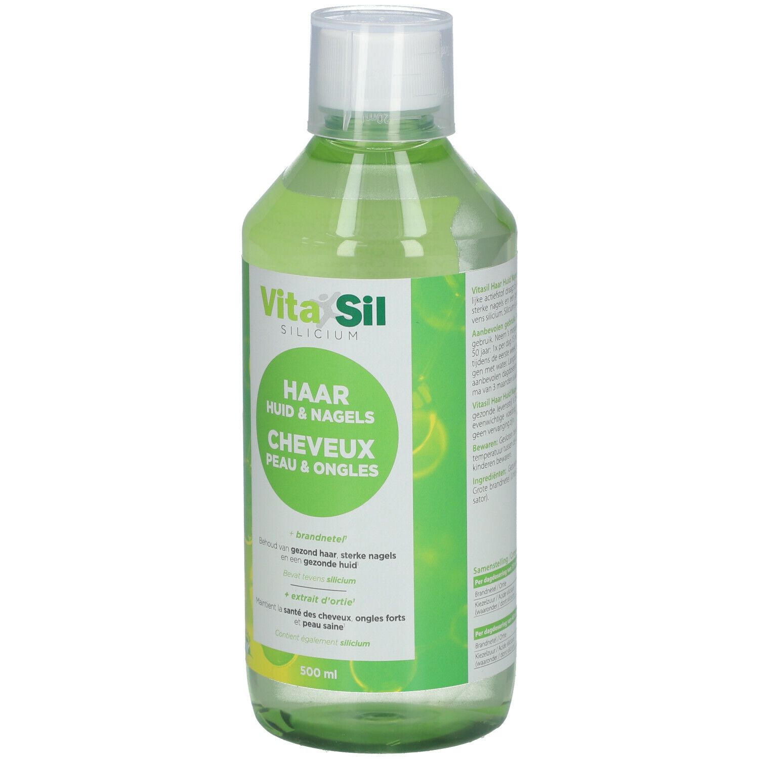 Vita Sil Flasche. Grünliche Flüssigkeit. Aufschrift: Haar, Haut & Nägel. Organisches Silizium.