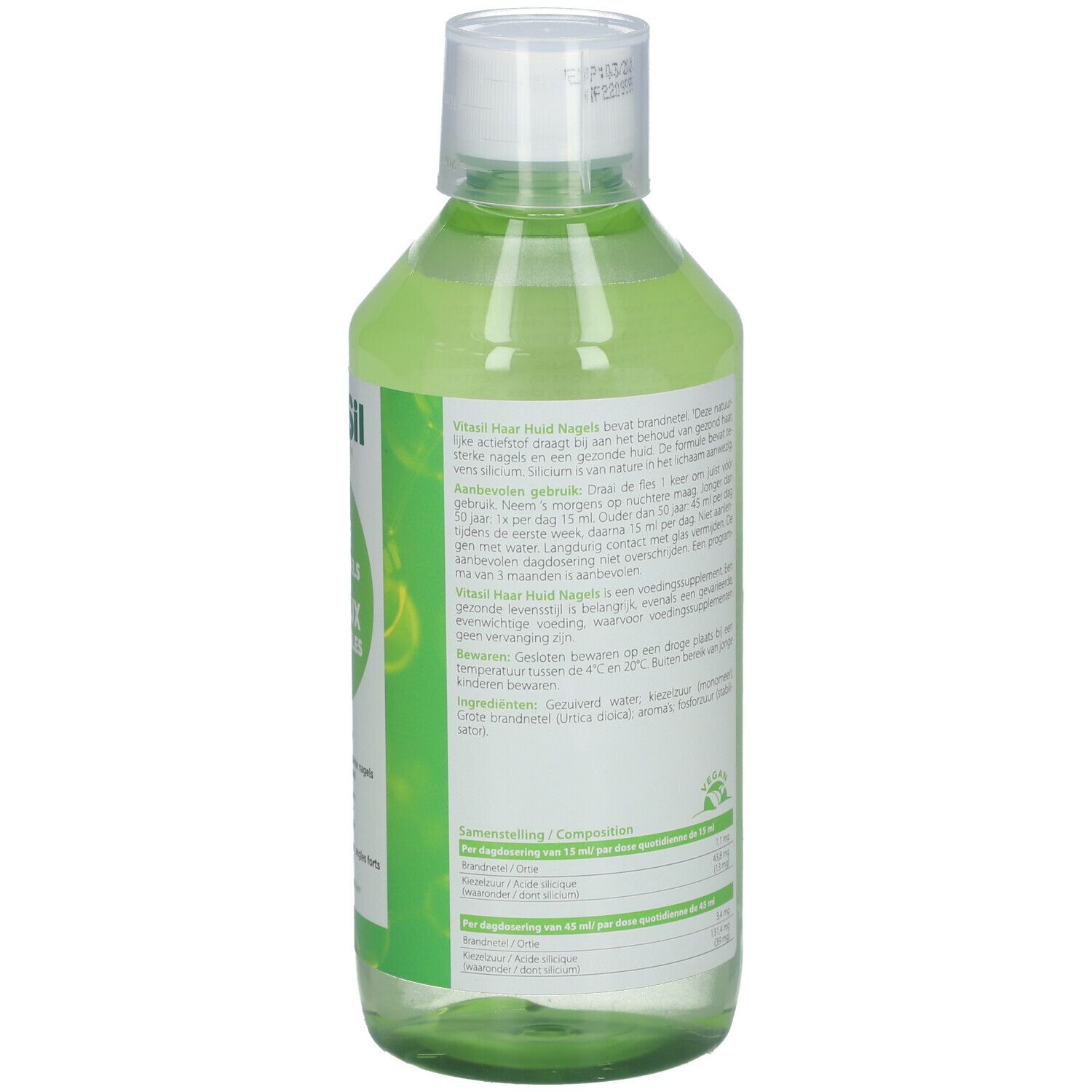 Vita Sil Flasche. Grünliche Flüssigkeit. Aufschrift: Haar, Haut & Nägel. Organisches Silizium.