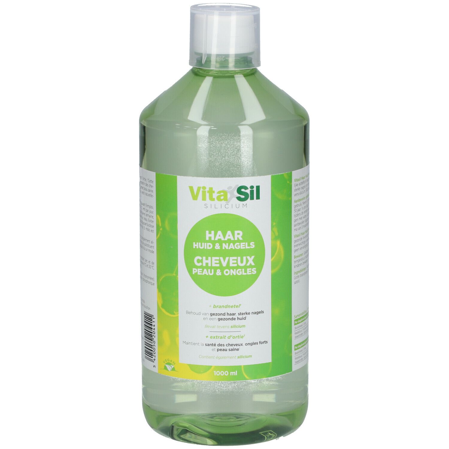 Grüne Flasche mit weißem Deckel. Aufschrift: Vitasil Silicum Organique. Text: Haar, Haut & Nägel, Cheveux, Peau & Ongles. 1000 ml.