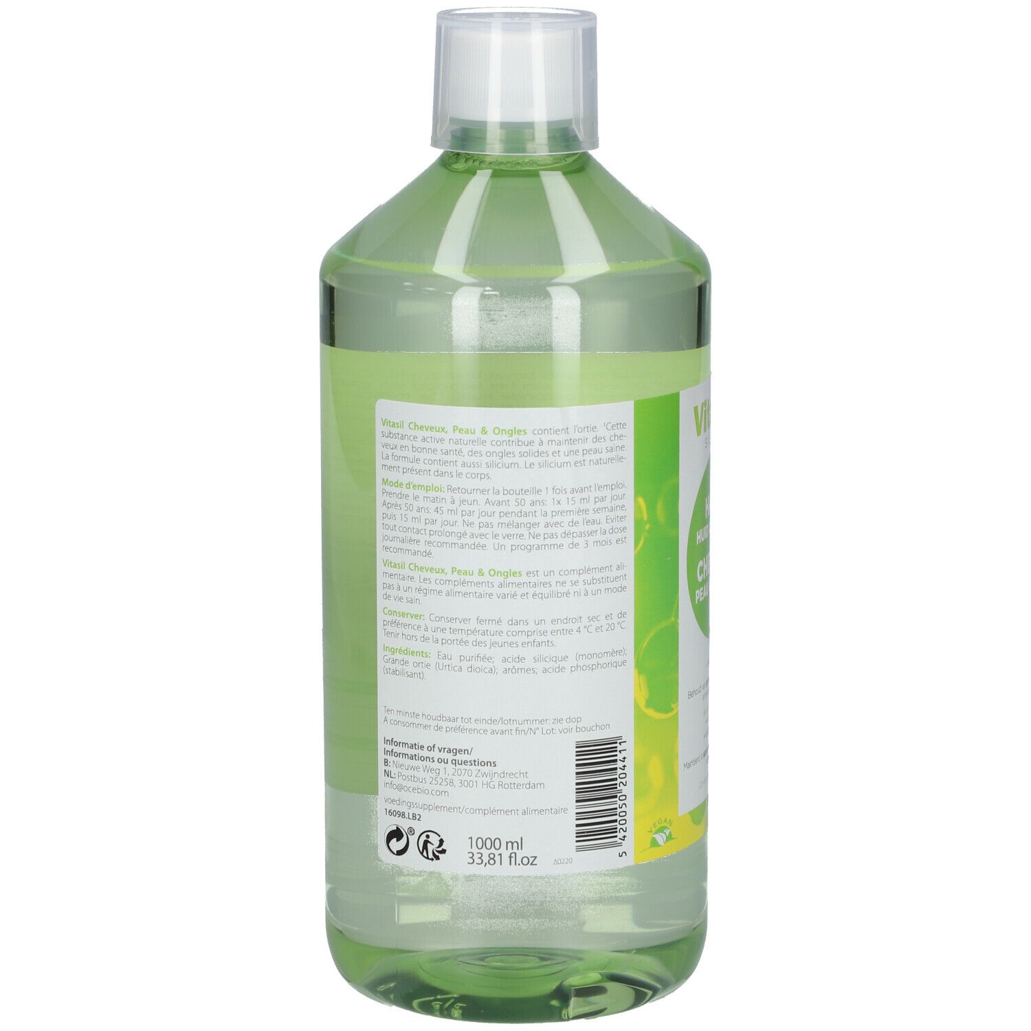 Rückseite einer grünen Flasche mit weißem Deckel. Text und Informationen auf Etikett. 1000 ml.