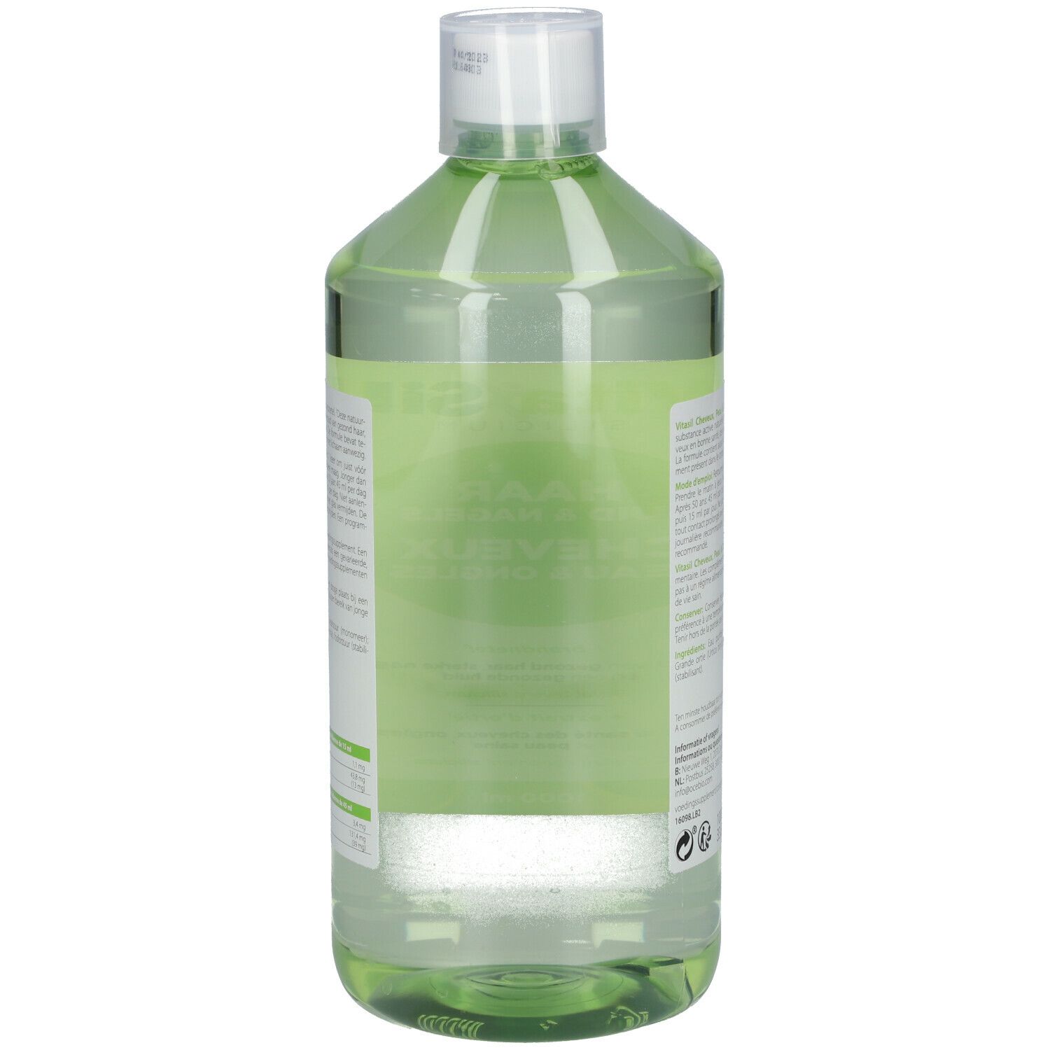 Rückseite einer grünen Flasche mit weißem Deckel. Text und Informationen auf Etikett. 1000 ml.