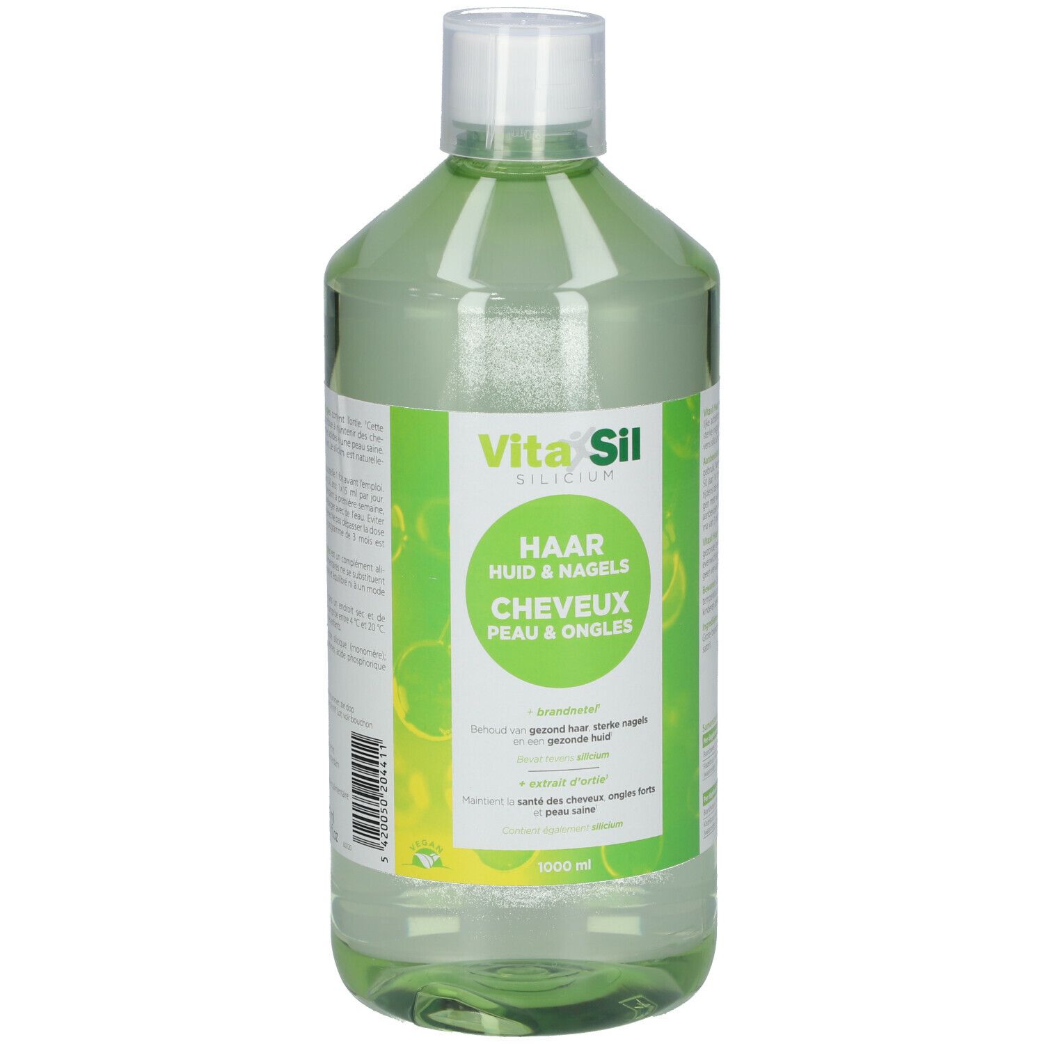 Grüne Flasche mit weißem Deckel. Aufschrift: Vitasil Silicum Organique. Text: Haar, Haut & Nägel, Cheveux, Peau & Ongles. 1000 ml.
