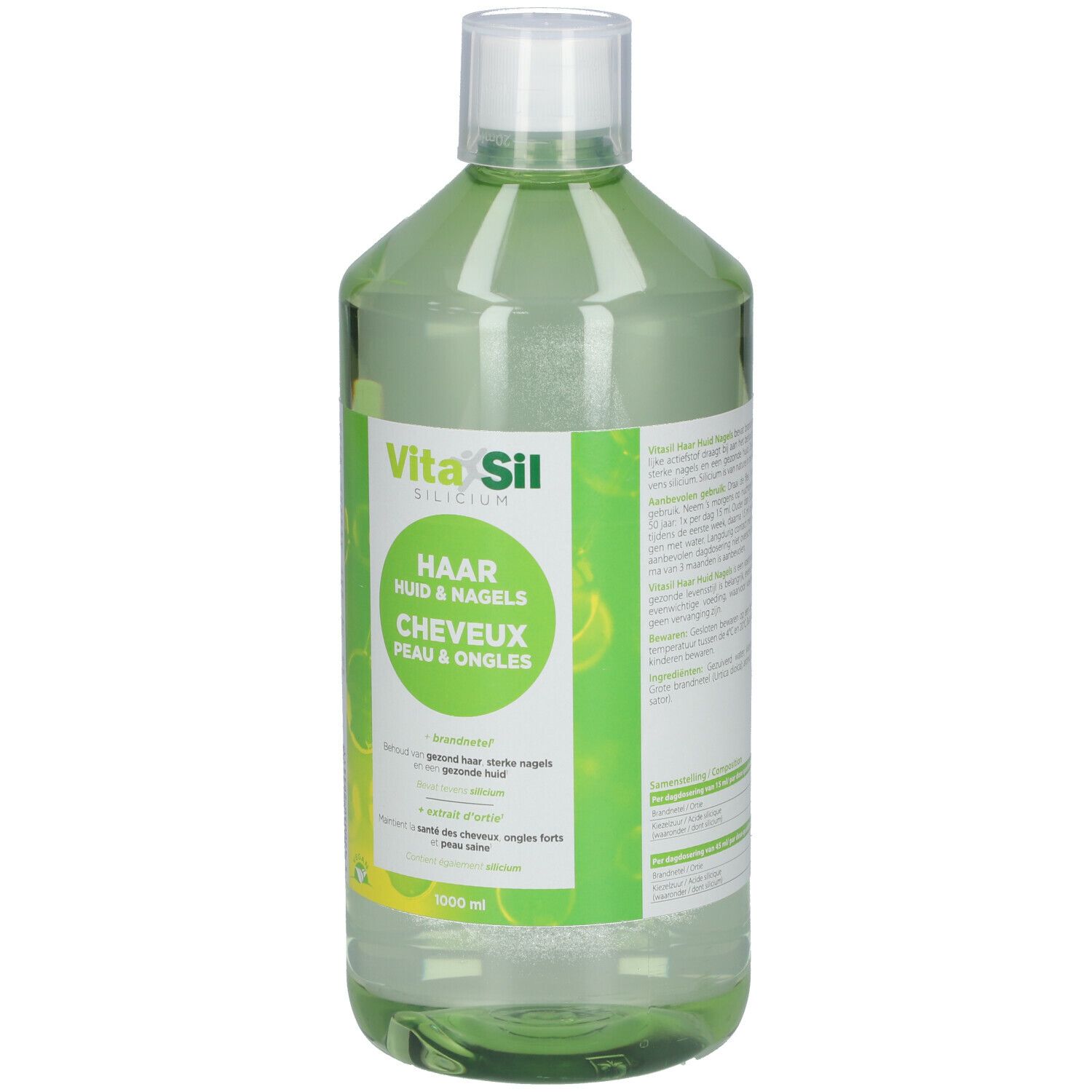 Grüne Flasche mit weißem Deckel. Aufschrift: Vitasil Silicum Organique. Text: Haar, Haut & Nägel, Cheveux, Peau & Ongles. 1000 ml.