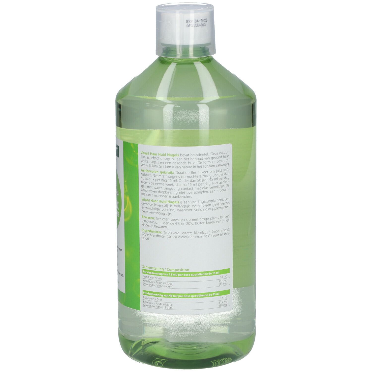 Rückseite einer grünen Flasche mit weißem Deckel. Text und Informationen auf Etikett. 1000 ml.