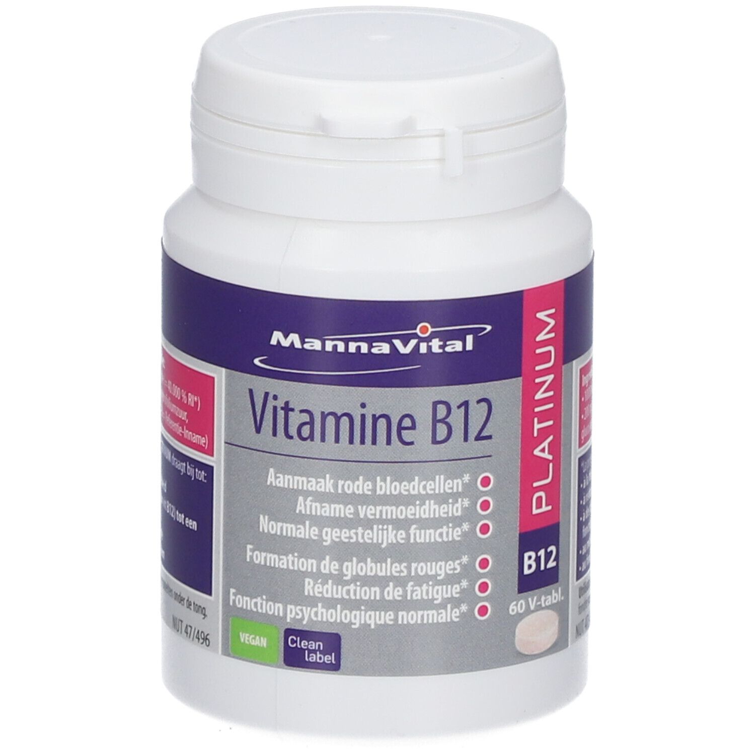 Witte fles MannaVital Vitamine B12 Platin. Bevat 60 tabletten. Opschrift: Vitamine B12, Platinum, B12.