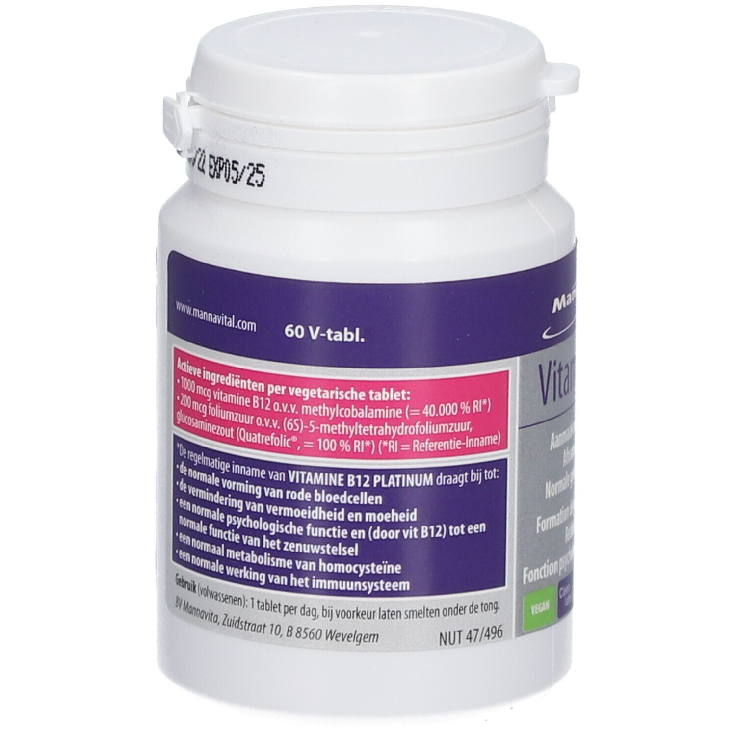 Achterkant fles MannaVital Vitamine B12 Platin. Bevat informatie over ingrediënten en gebruik.