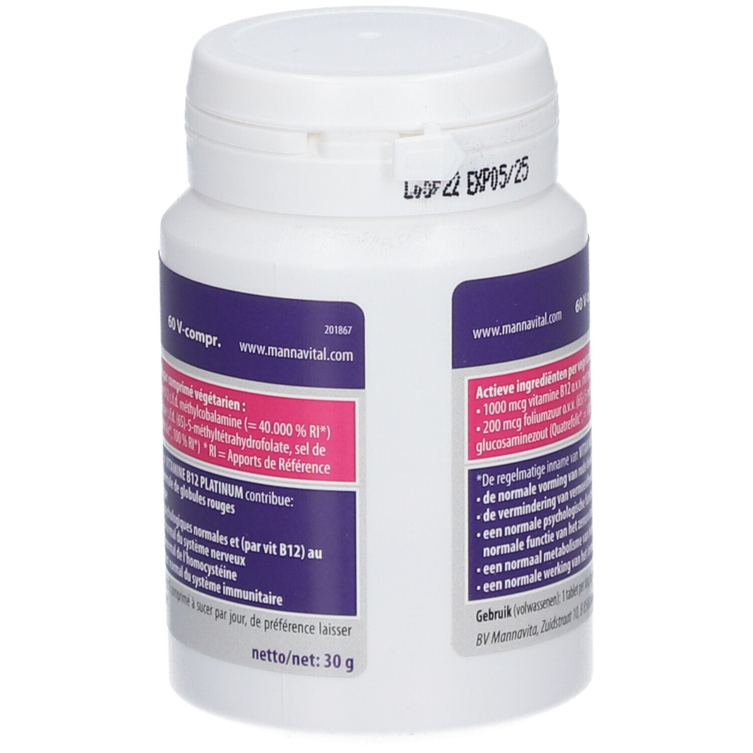 Achterkant fles MannaVital Vitamine B12 Platin. Bevat informatie over ingrediënten en gebruik.
