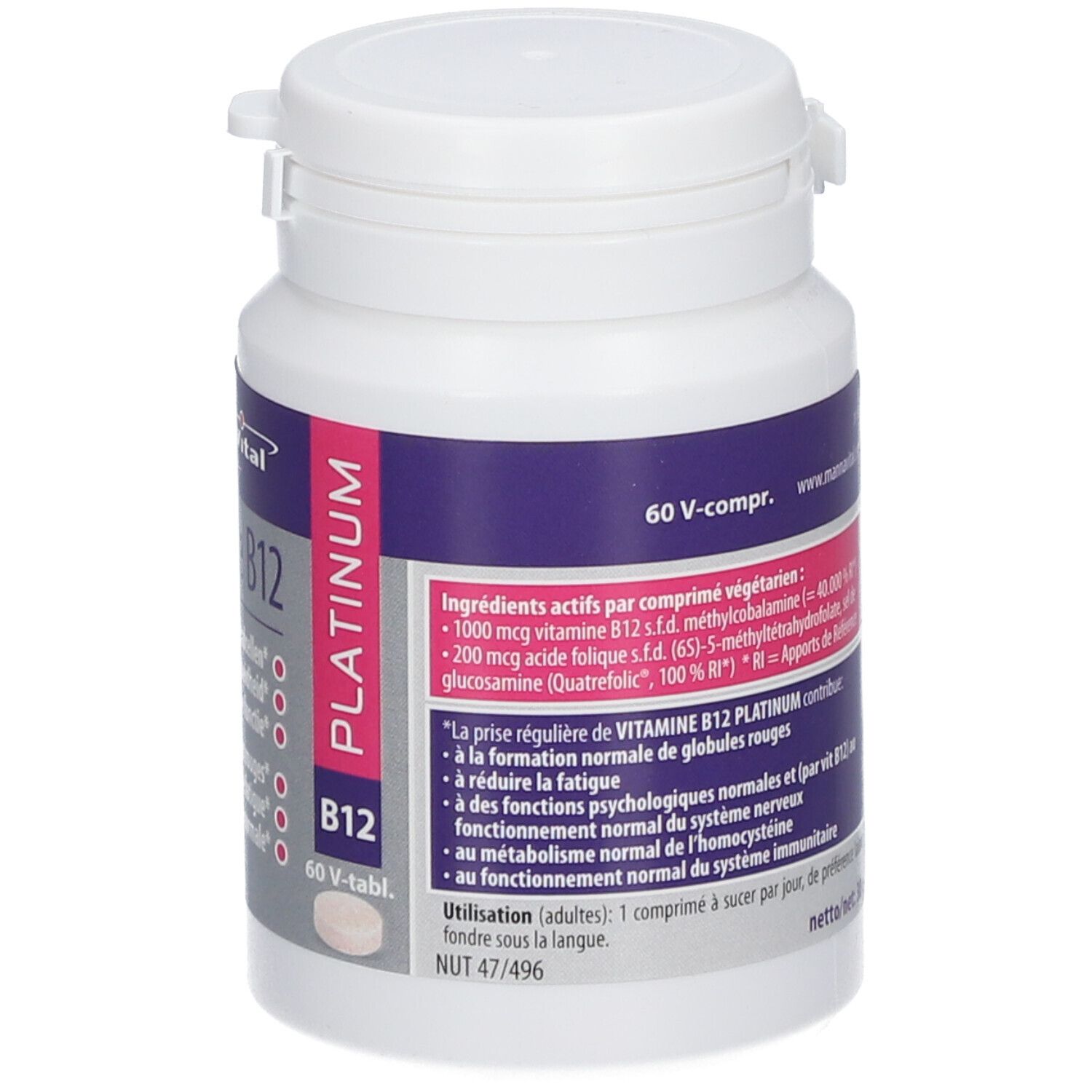 Achterkant fles MannaVital Vitamine B12 Platin. Bevat informatie over ingrediënten en gebruik.
