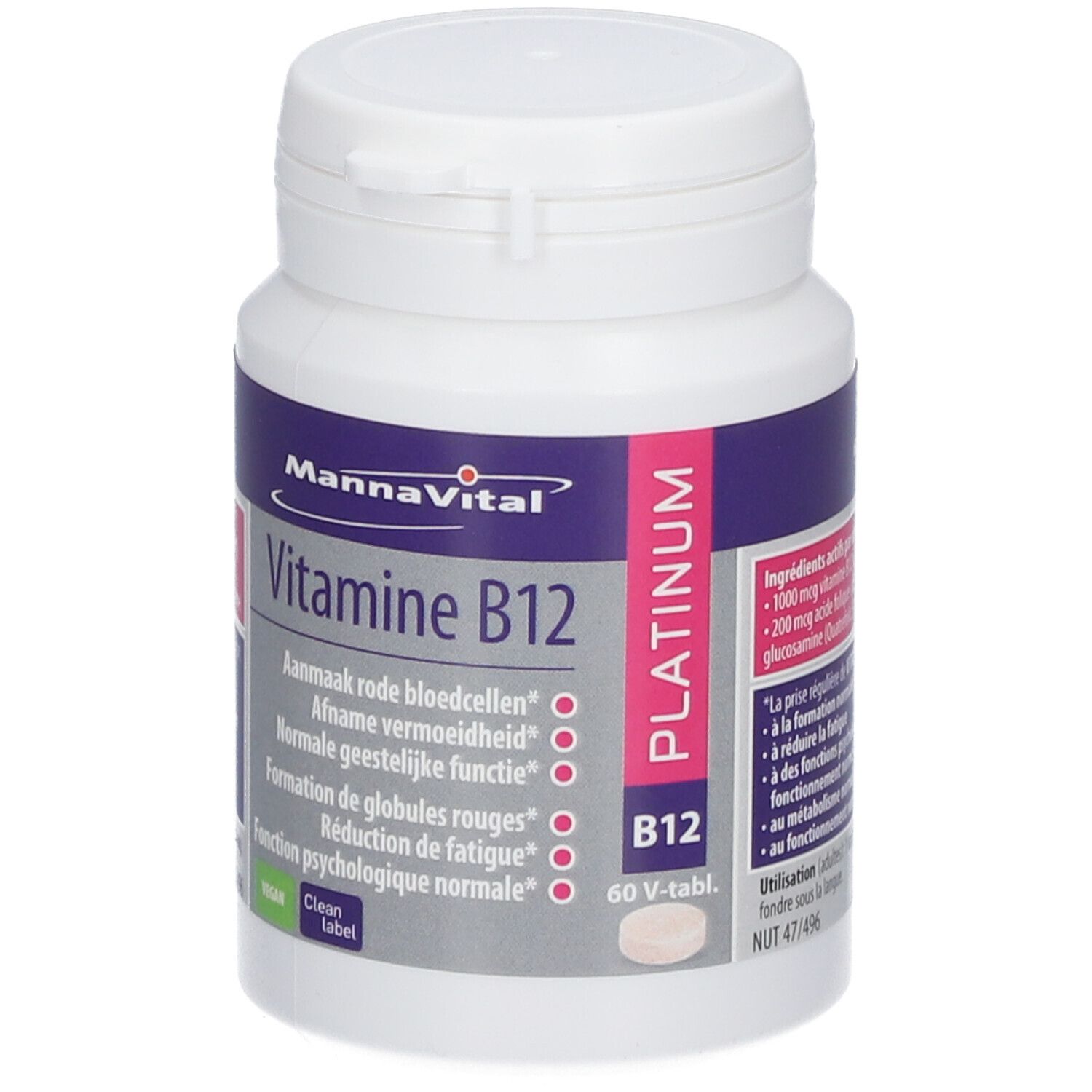 Witte fles MannaVital Vitamine B12 Platin. Bevat 60 tabletten. Opschrift: Vitamine B12, Platinum, B12.