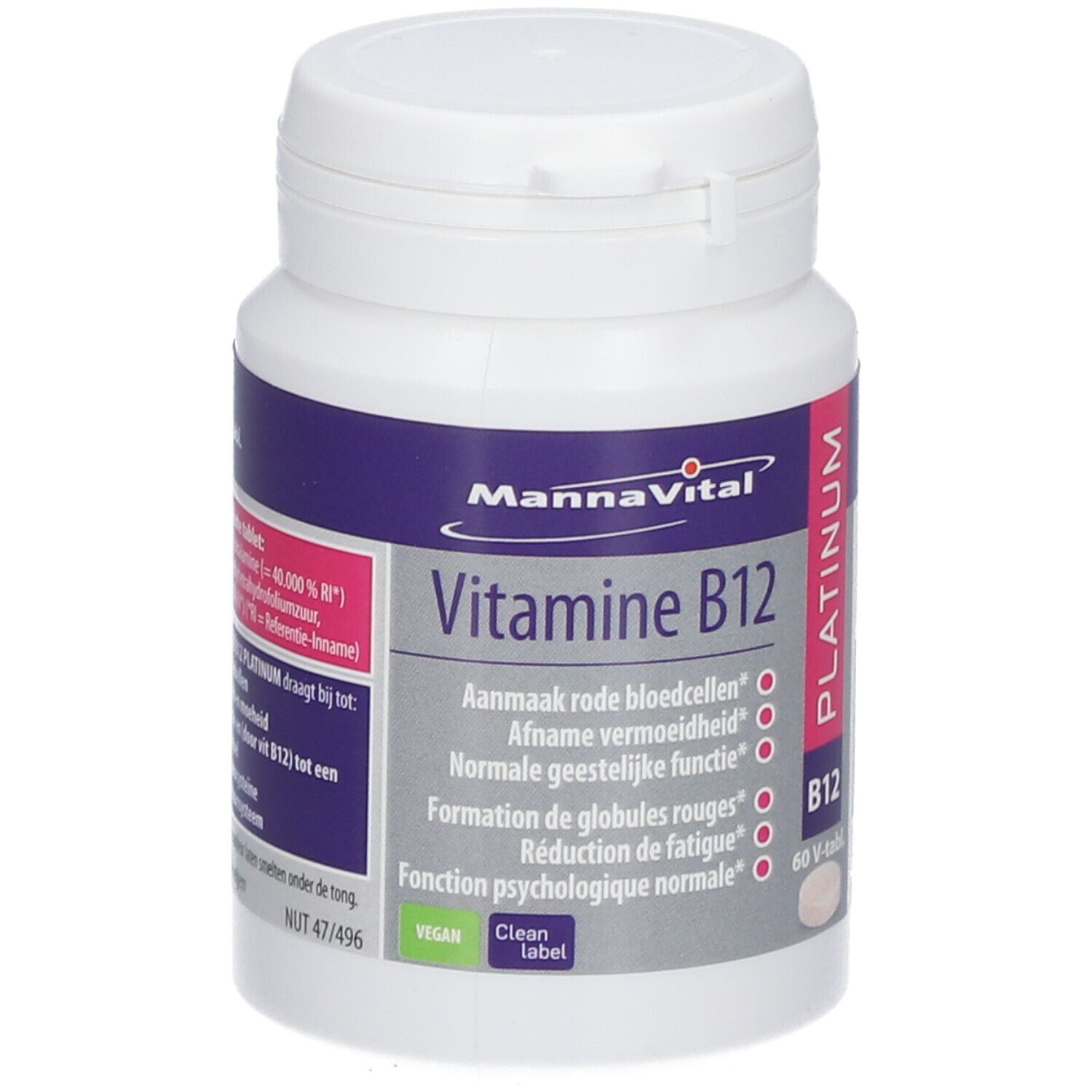 Witte fles MannaVital Vitamine B12 Platin. Bevat 60 tabletten. Opschrift: Vitamine B12, Platinum, B12.