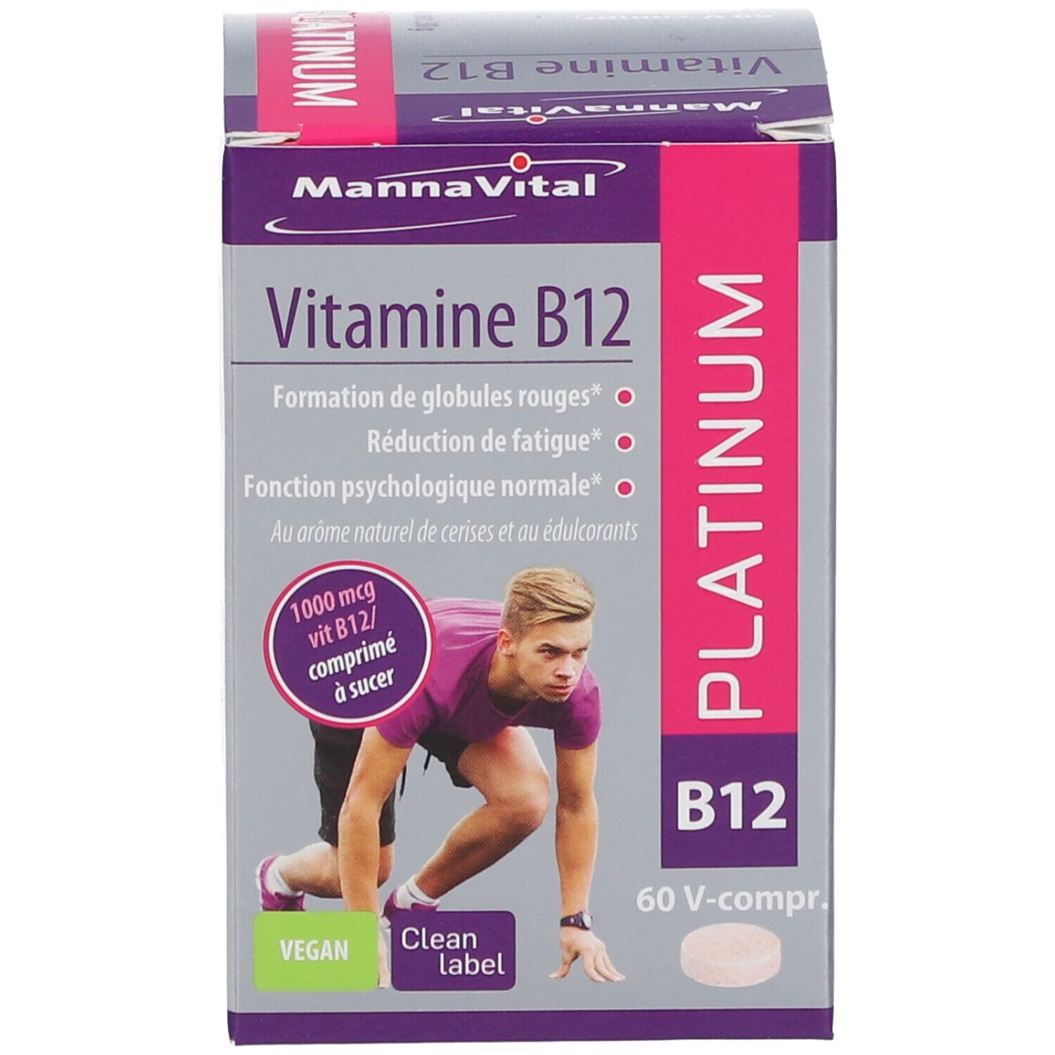 Verpakking van MannaVital Vitamine B12 Platin. Bevat 60 tabletten. Opschrift: Vitamine B12, Platinum, B12.