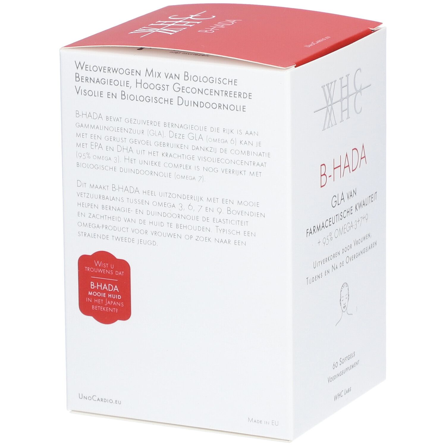 Boîte blanche et rouge. Texte : B-HADA, GLA van farmaceutische kwaliteit + 95% Omega 3+7+9. Contient des informations sur les ingrédients.