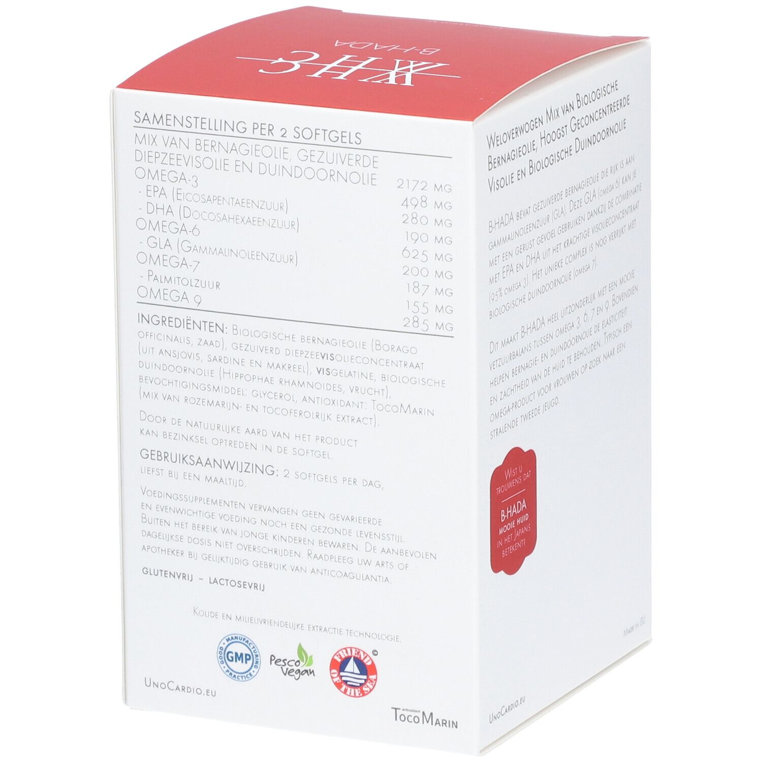 Boîte blanche et rouge. Dos avec informations sur les ingrédients par 2 gélules. Contient GMP, Vegan et autres logos.