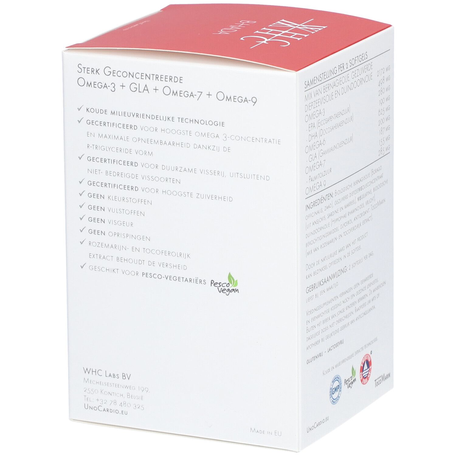 Boîte blanche et rouge. Texte : Oméga-3+GLA+Oméga-7+Oméga-9 concentrés. Contient des logos et des certifications.