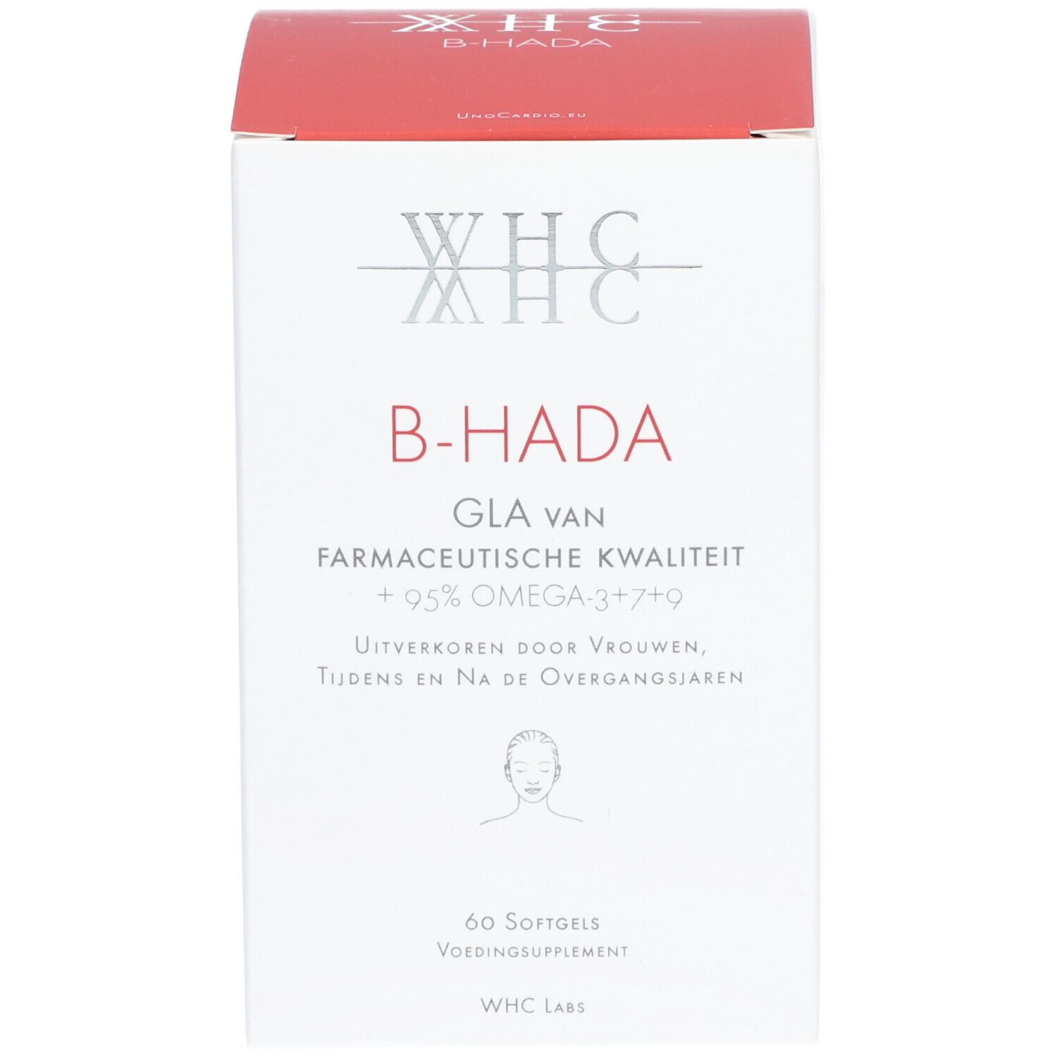 Boîte blanche et rouge. Inscription : B-HADA, GLA van farmaceutische kwaliteit + 95% Omega 3+7+9. 60 gélules.