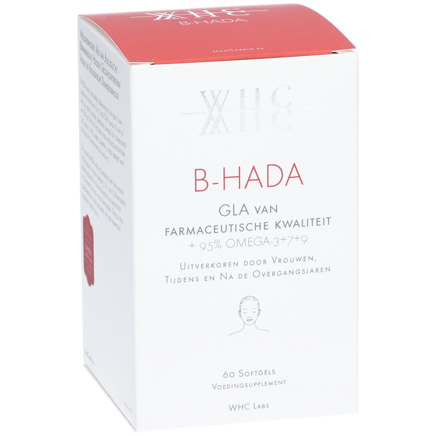 Boîte blanche et rouge. Inscription : B-HADA, GLA van farmaceutische kwaliteit + 95% Omega 3+7+9. 60 gélules.
