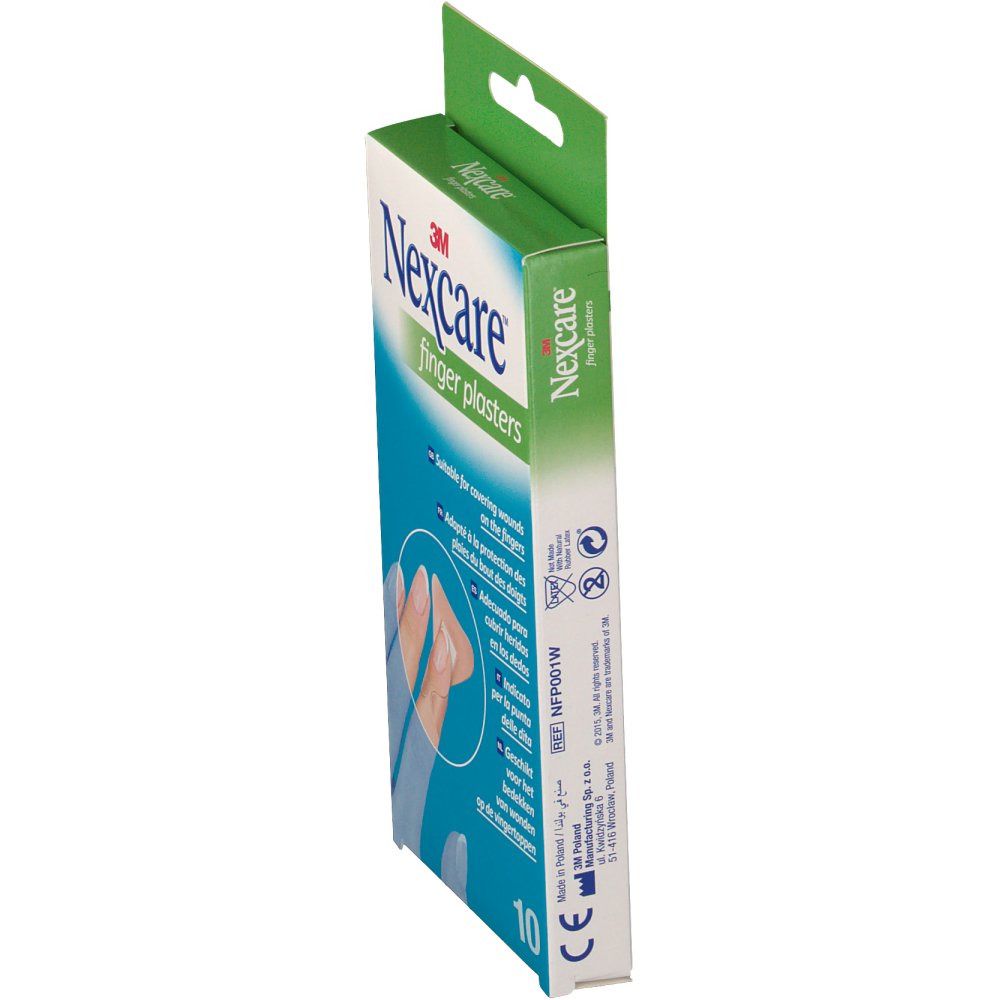 Vue latérale de la boîte de pansements pour doigts Nexcare. Nom du produit et illustration. Contient 10 pansements.