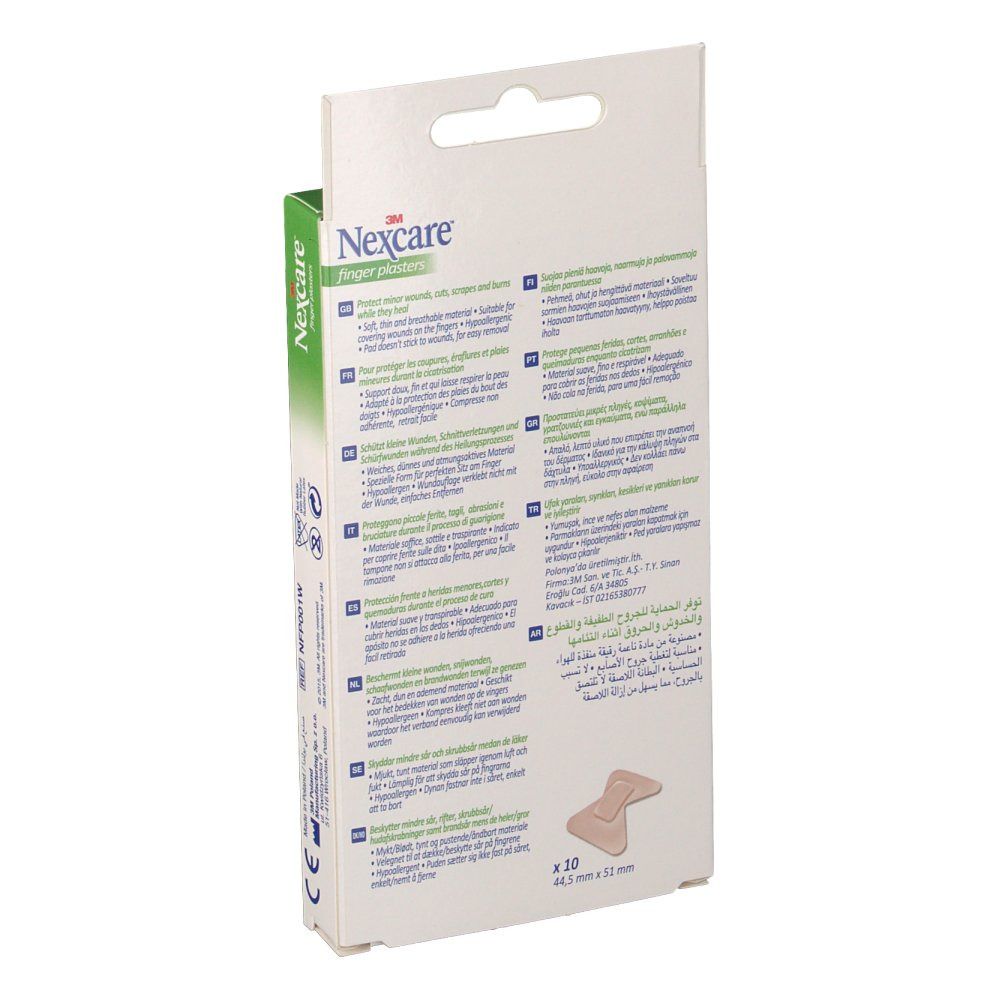 Dos de la boîte de pansements pour doigts Nexcare. Informations produit et illustration du pansement. 10 pièces.