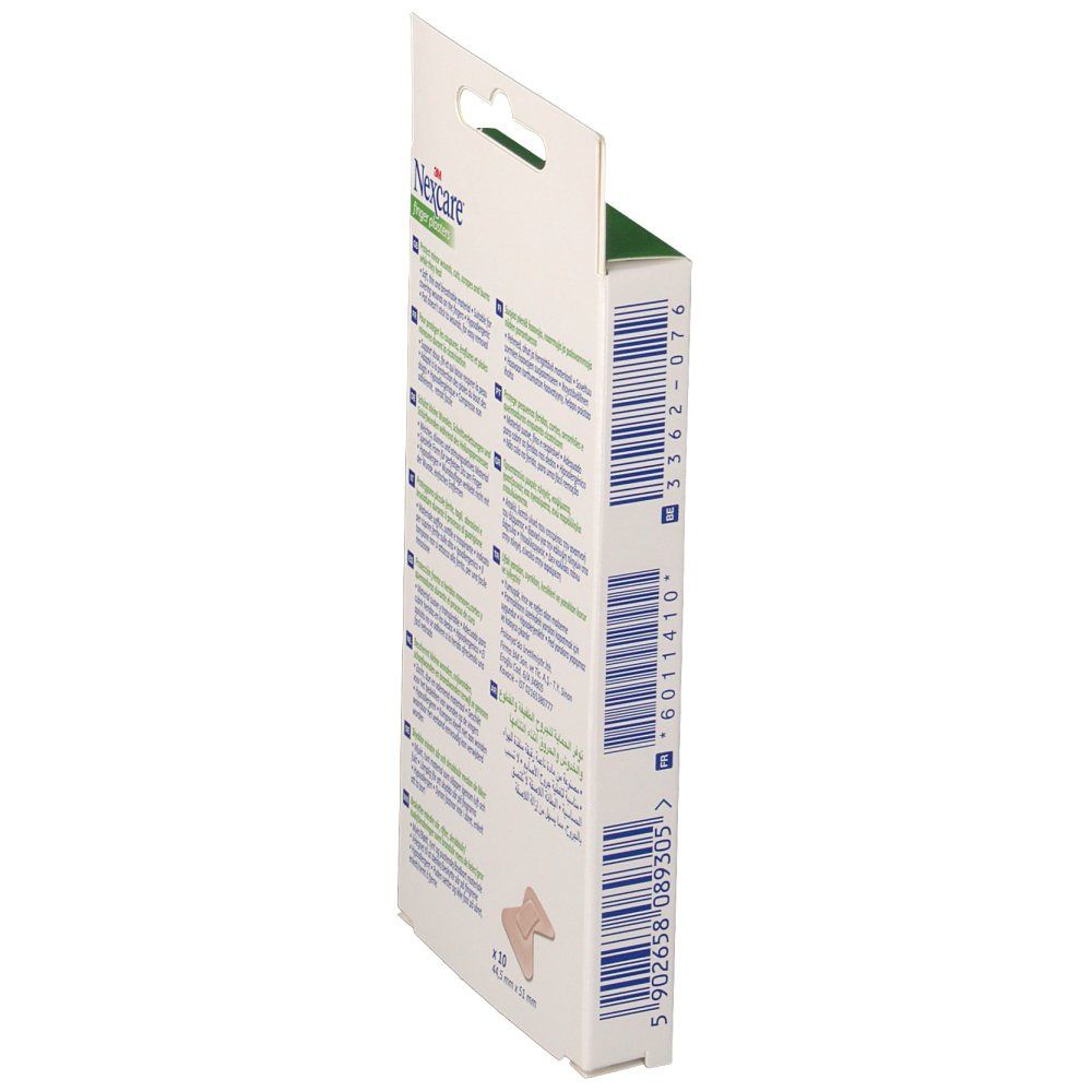 Vue latérale de la boîte de pansements pour doigts Nexcare. Informations produit et code-barres. 10 pansements.