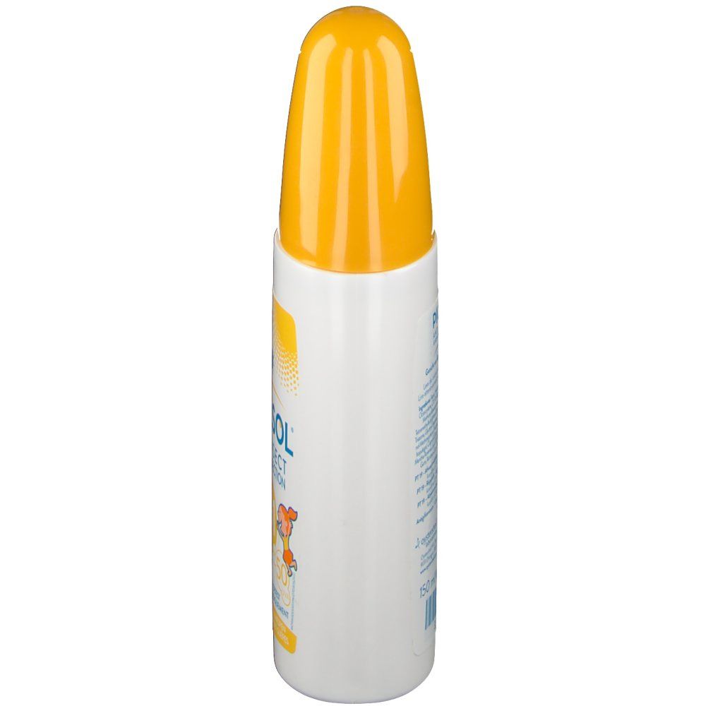 Flacon blanc avec bouchon jaune. Inscription Picasol. Protection solaire et anti-insectes. Vue latérale.