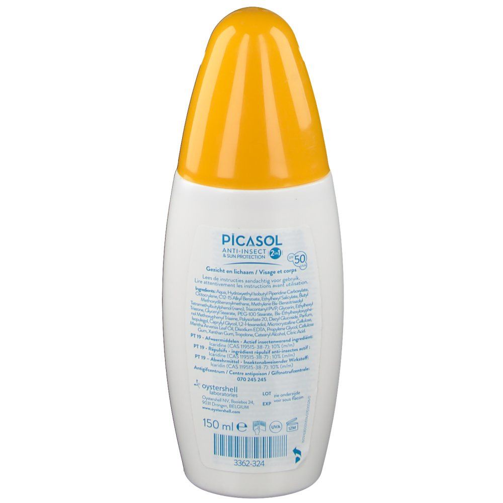 Flacon blanc avec bouchon jaune. Inscription Picasol, Anti-insectes & protection solaire. Vue arrière avec ingrédients.