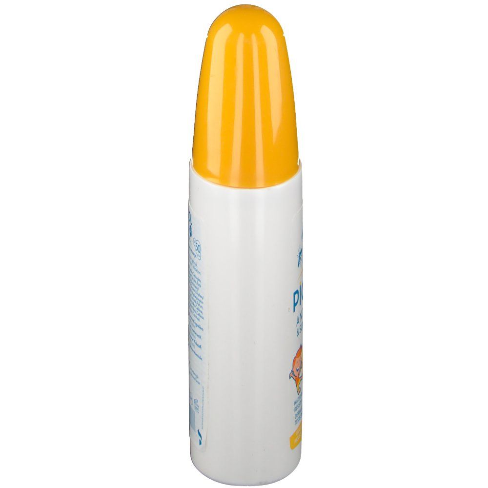 Flacon blanc avec bouchon jaune. Inscription Picasol. Protection solaire et anti-insectes. Vue latérale.