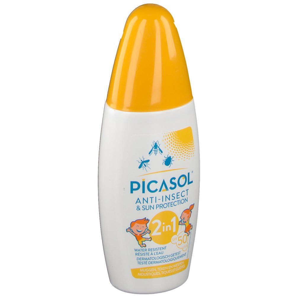 Flacon blanc avec bouchon jaune. Inscription Picasol, Anti-insectes & protection solaire. Produit 2 en 1. Illustrations enfants.